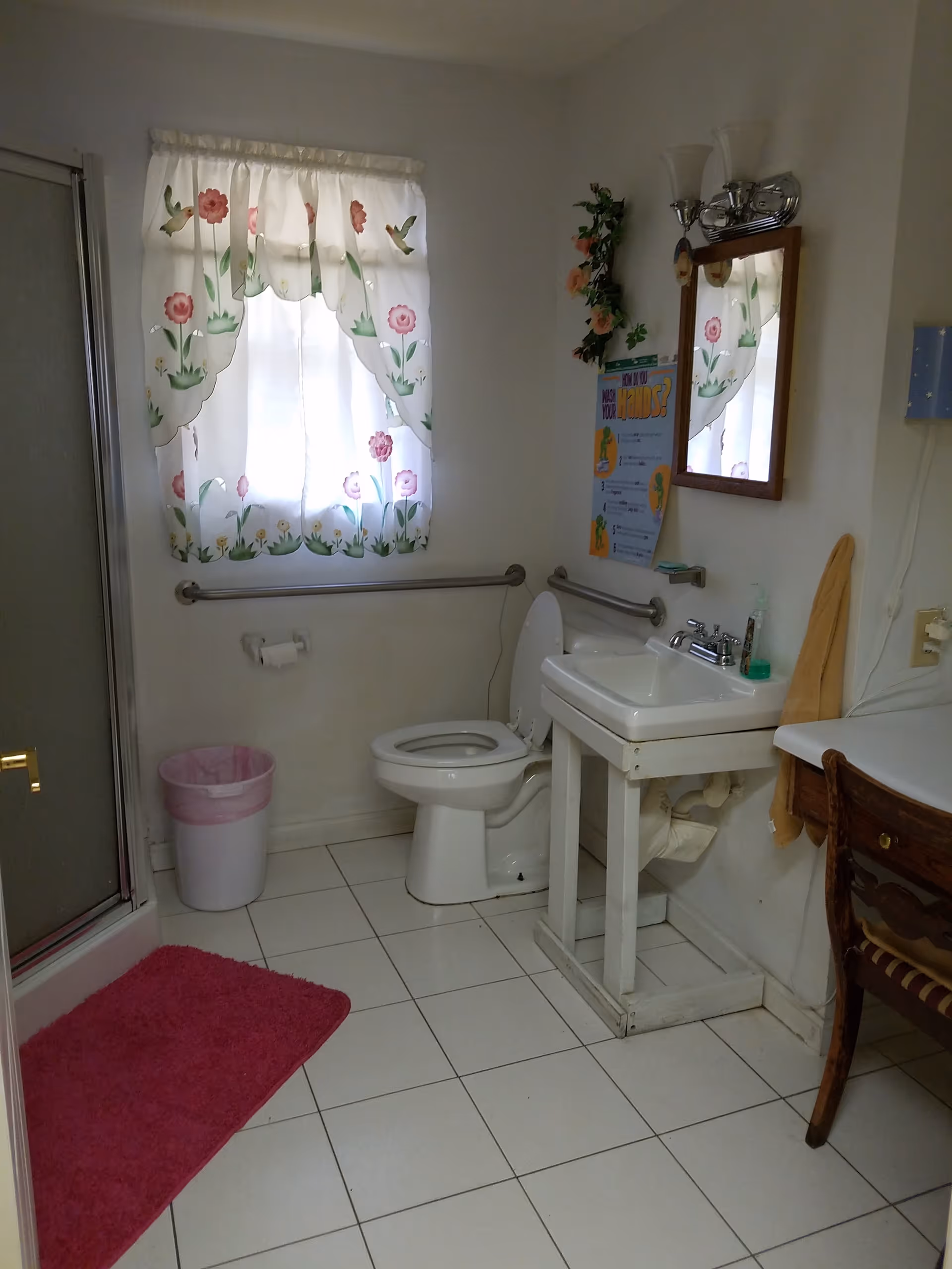 Small bathroom with toilet, sink, shower, floral curtain window, pink rug, and handrails.