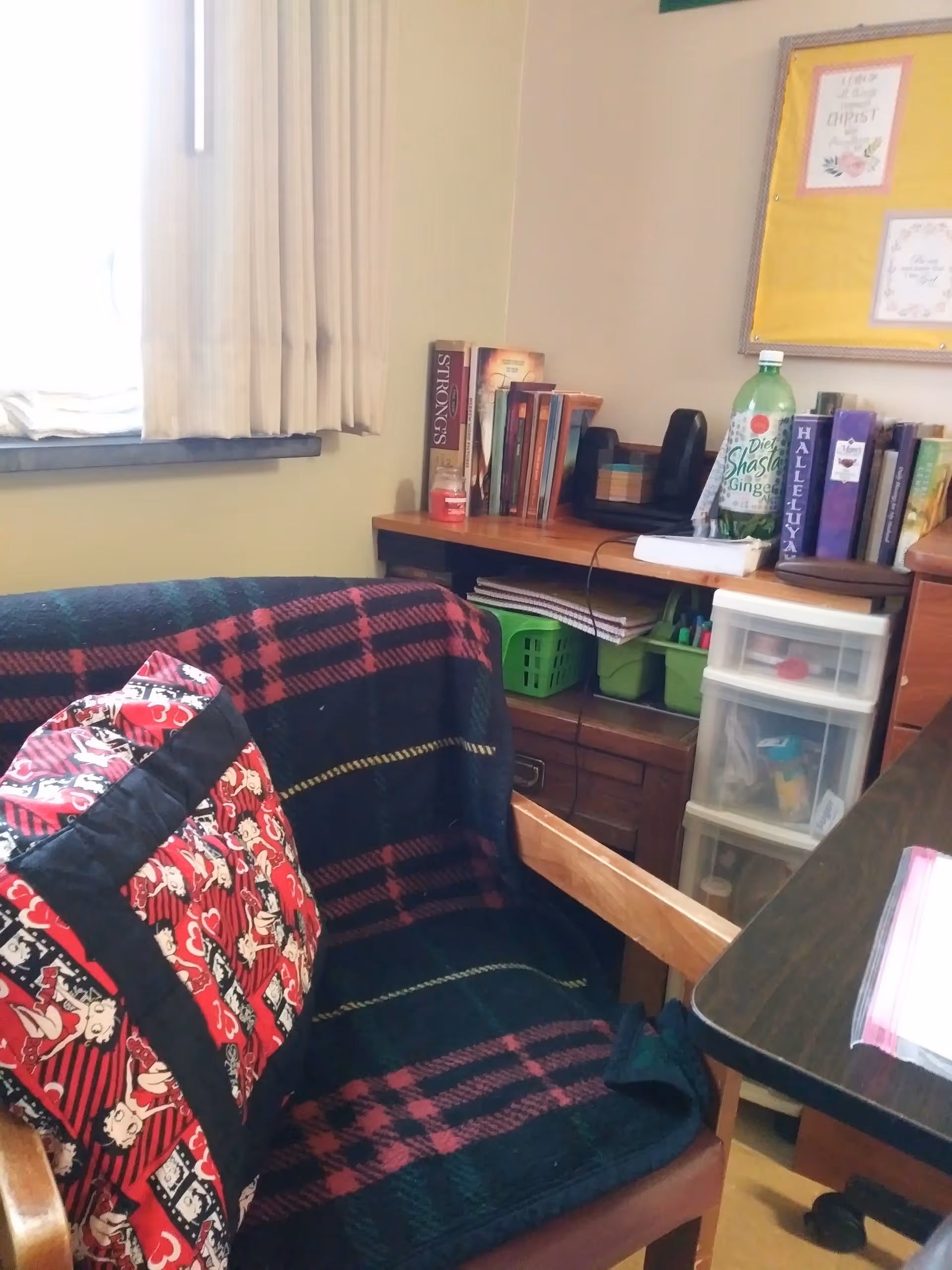 Indoor study corner in Mount Carmel Senior Living, with a desk, books, and plaid chair.
