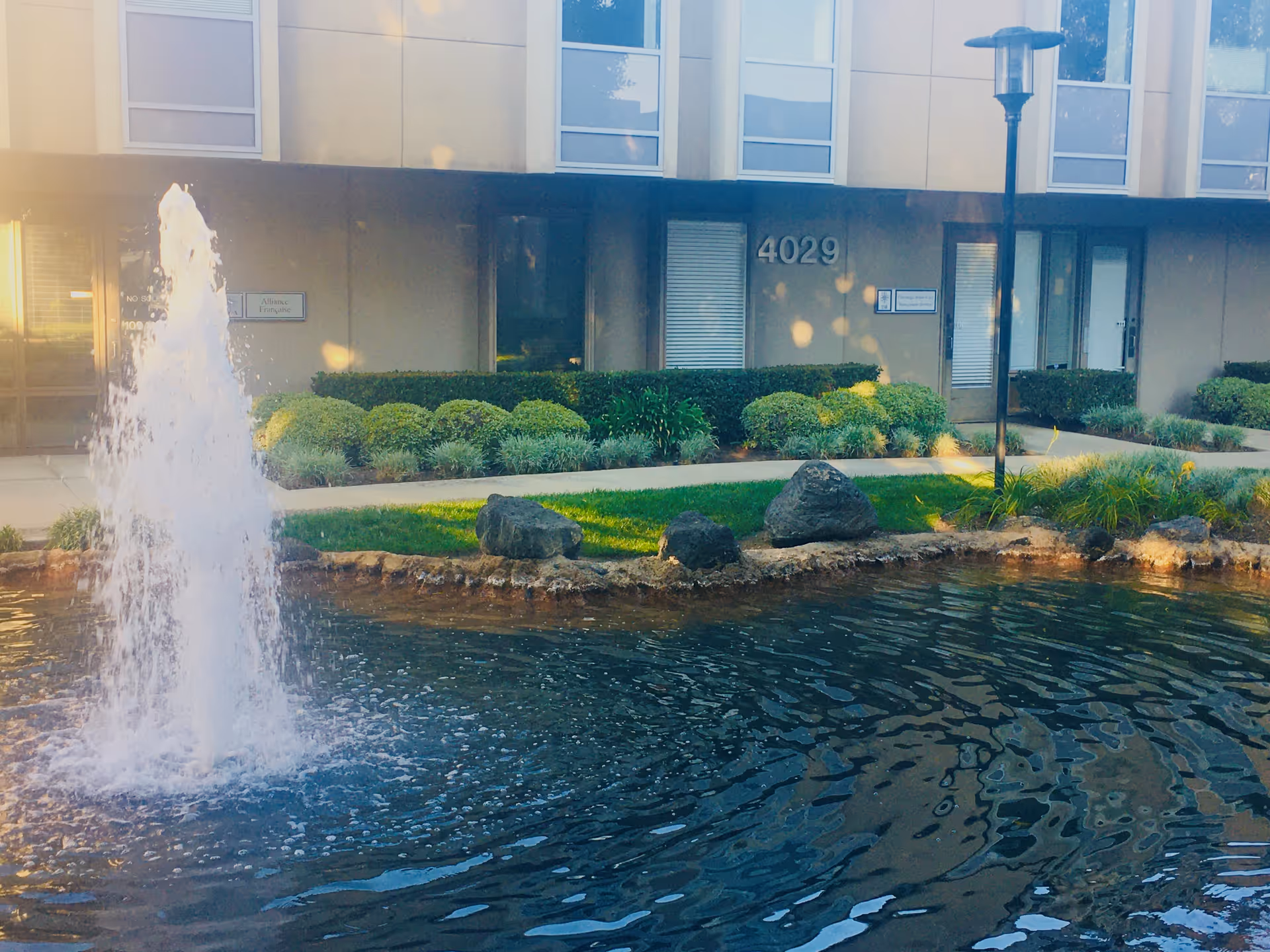 Front exterior of a modern building with a water fountain pond and trimmed shrubs.