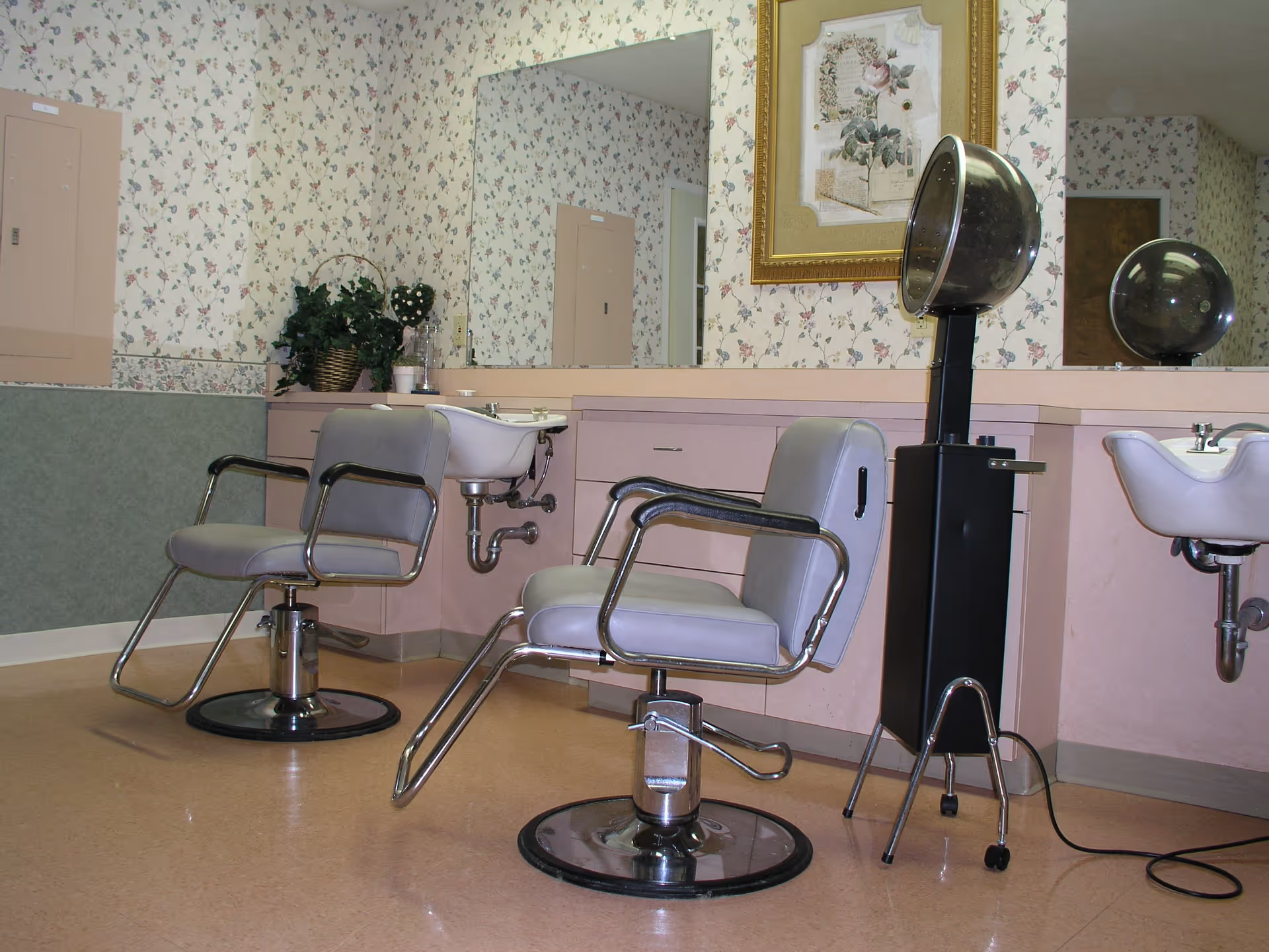 Empty salon area with two styling chairs, wash sinks, and a hooded hair dryer against floral wallpaper.