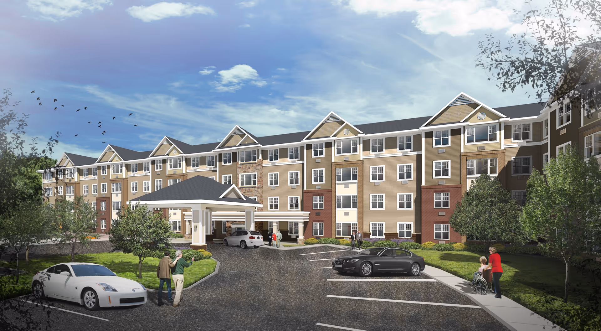 Exterior view of a large multi-story senior living facility with a covered entrance driveway, several parked cars, and people walking or in a wheelchair outside. The building has multiple windows and a mix of beige, brown, and brick-colored siding under a partly cloudy sky.