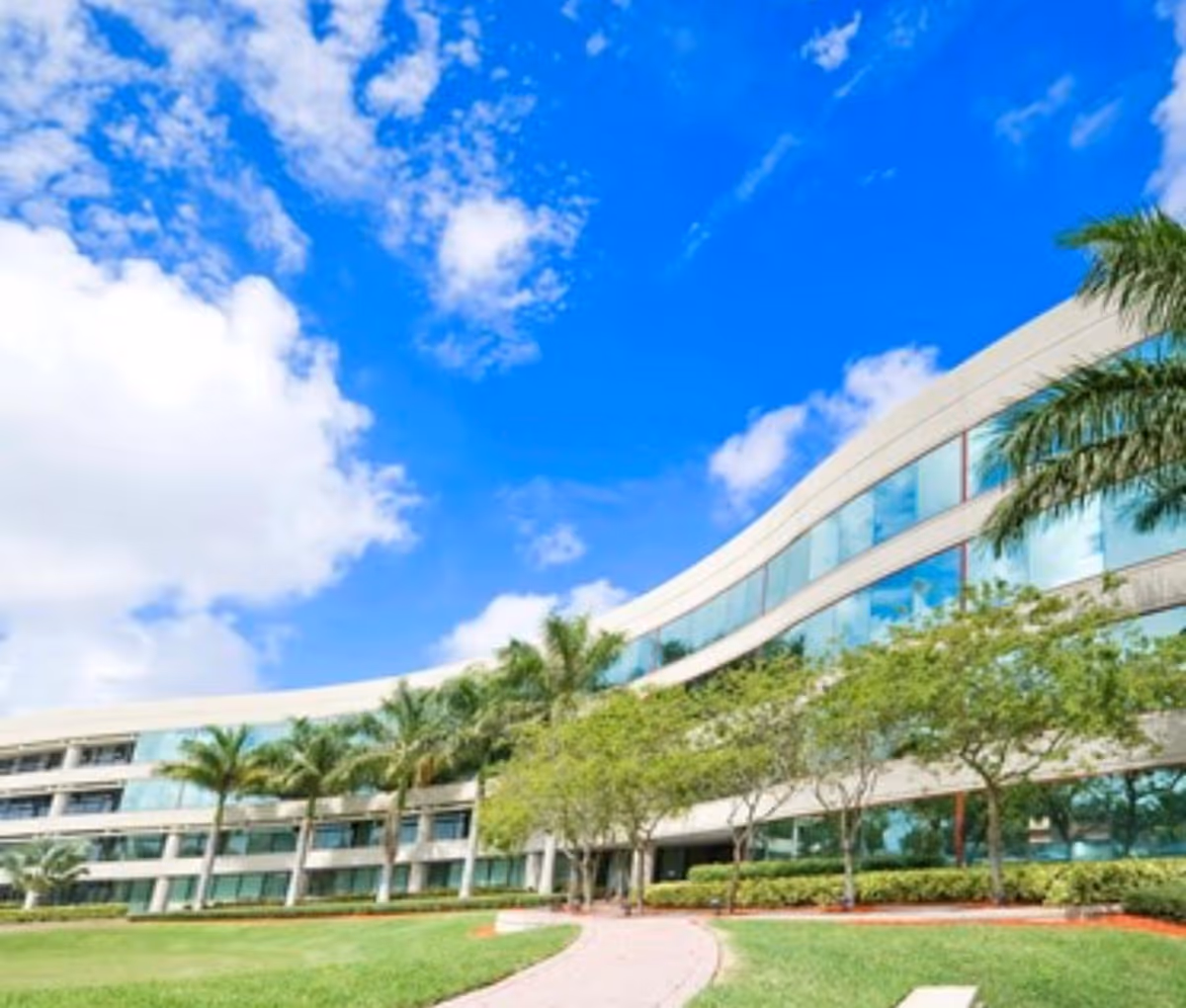 Exterior view of a curved, modern building with large windows, palm trees, and blue sky