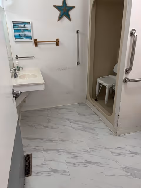 Accessible bathroom with a wall-mounted sink, grab bars, a roll-in shower containing a shower stool, and a star wall decoration.