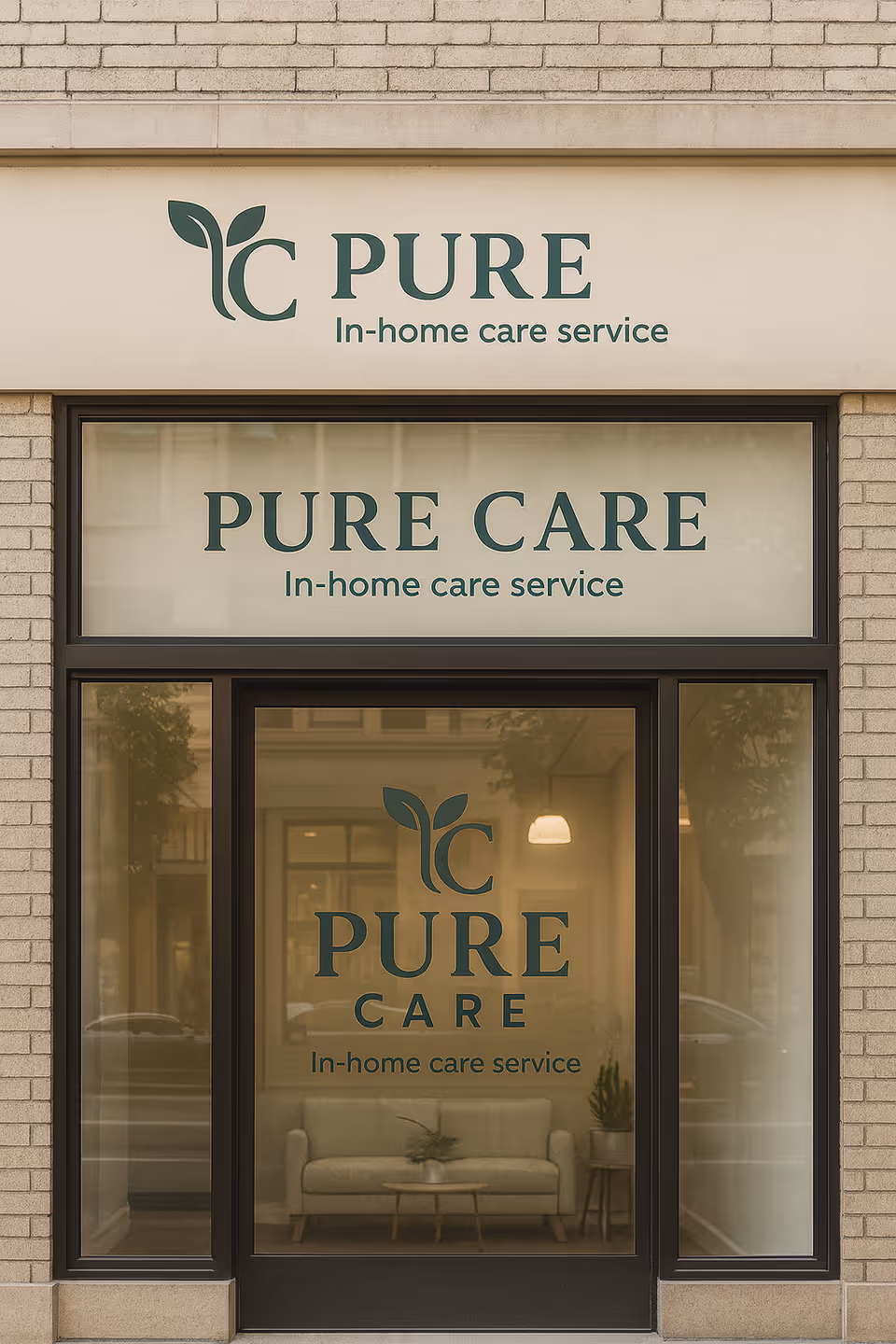Exterior view of a Pure Care storefront with in-home care signage.
