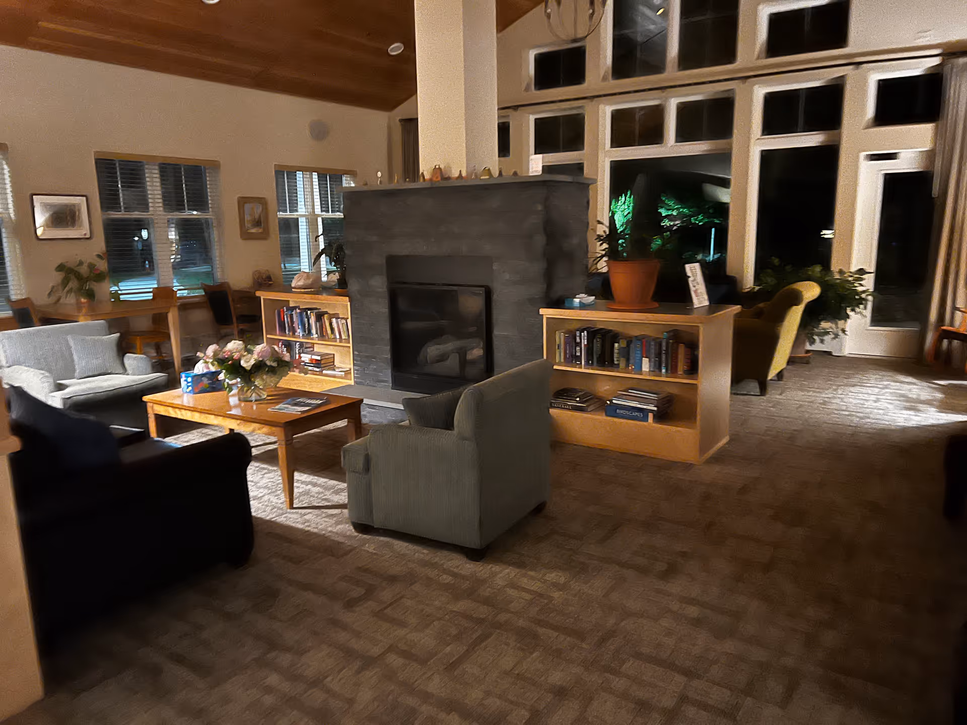 Cozy interior living room with seating, a fireplace, and bookshelves.
