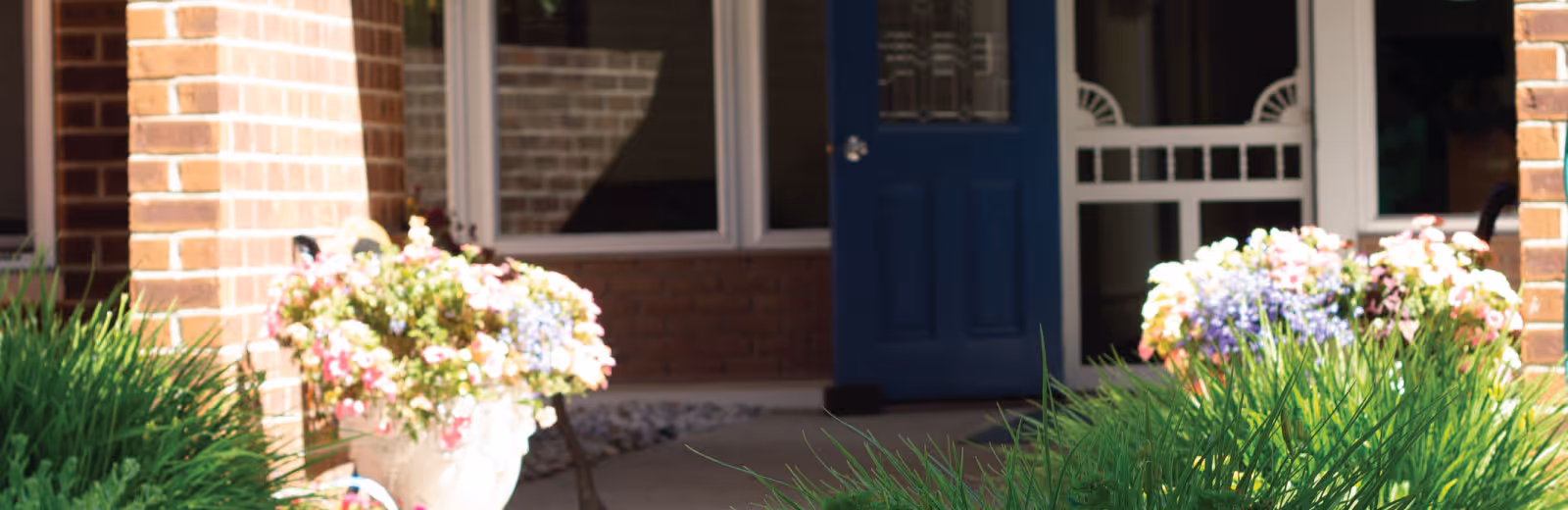 Front entrance of a brick building with a blue door, flanked by large flower pots filled with colorful flowers and green plants.