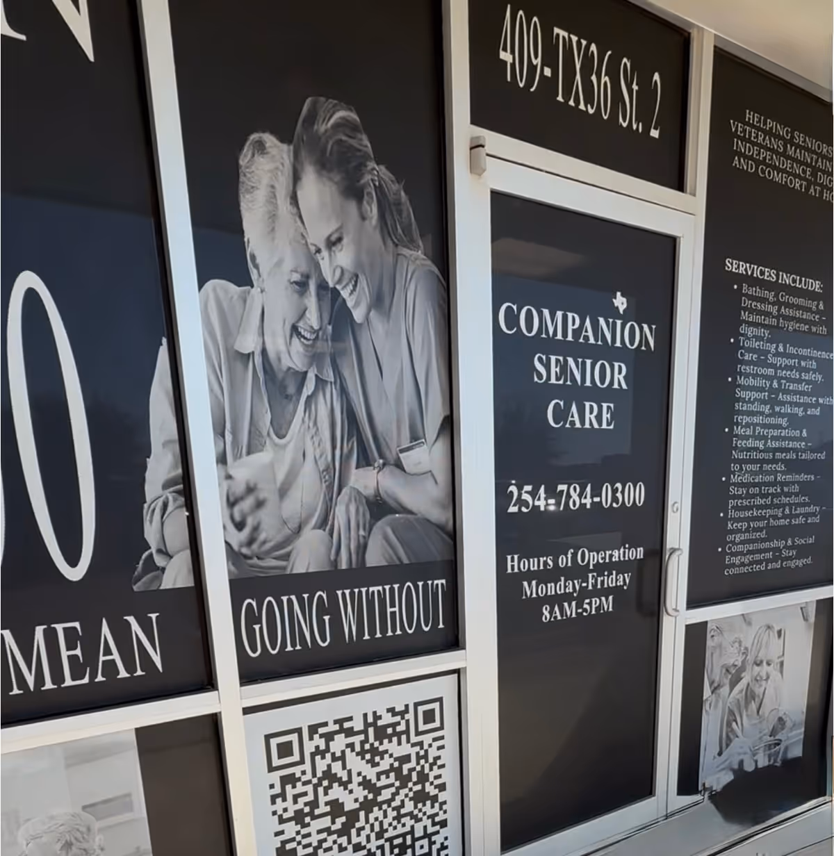 Storefront window panels advertise Companion Senior Care with a grayscale photo and QR code.