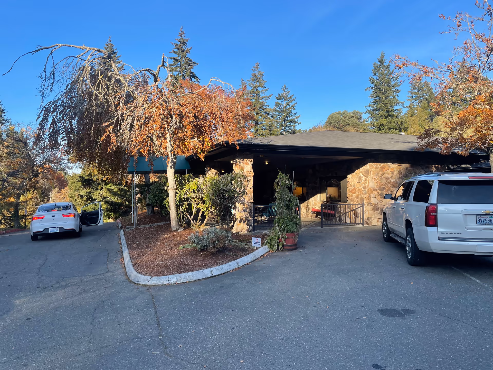 Stone-front entrance to Forest Ridge Health and Rehab with parked cars and trees.