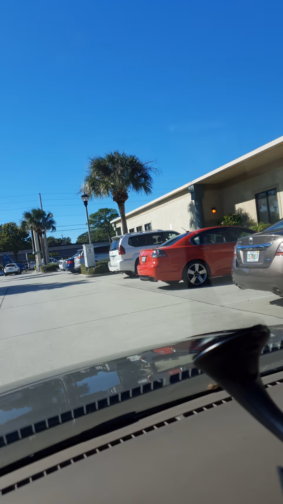 Sunny exterior view of a senior living facility with parked cars and palm trees.