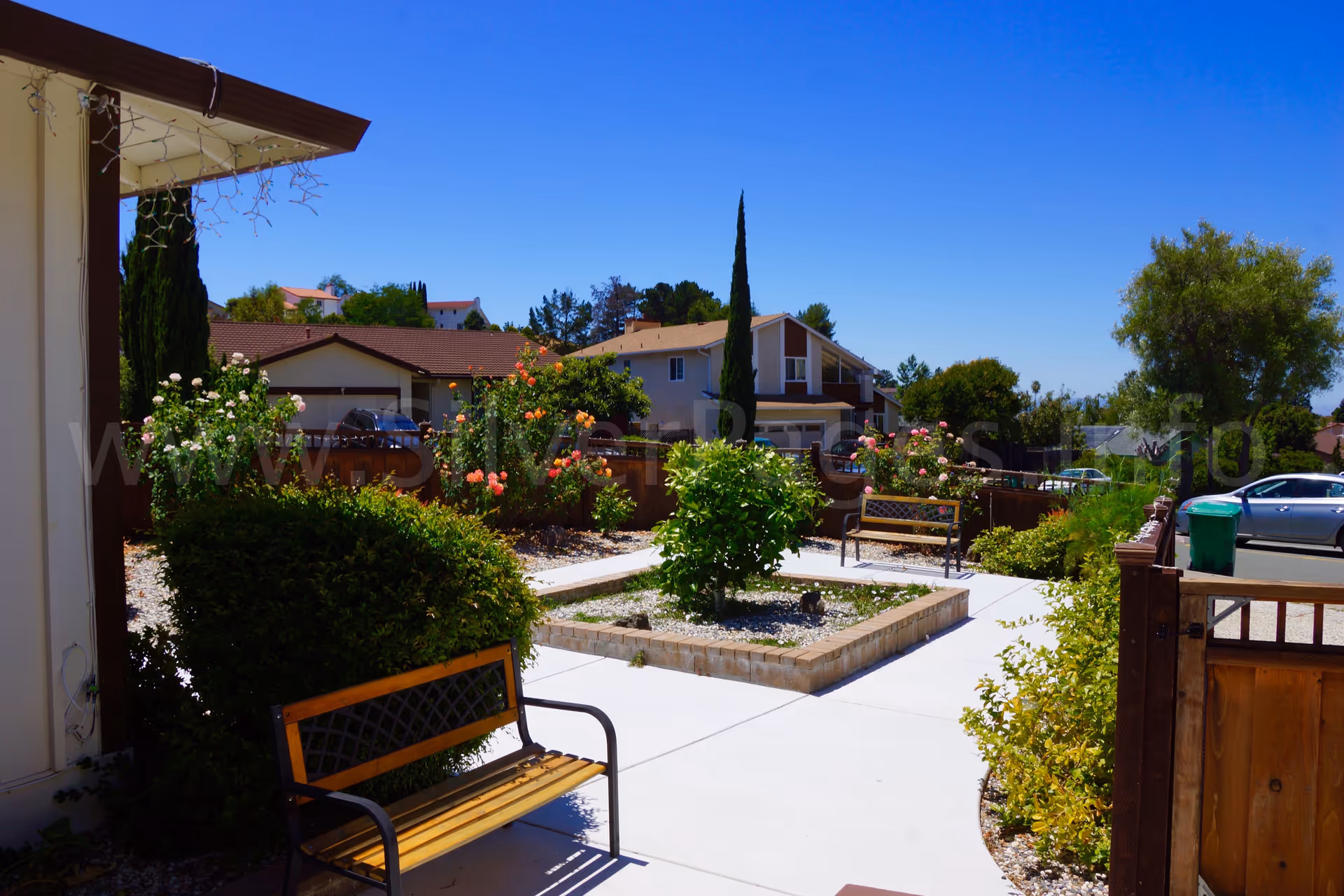 Sunny outdoor courtyard with benches, shrubs, and garden beds at Cindy's Care Home.