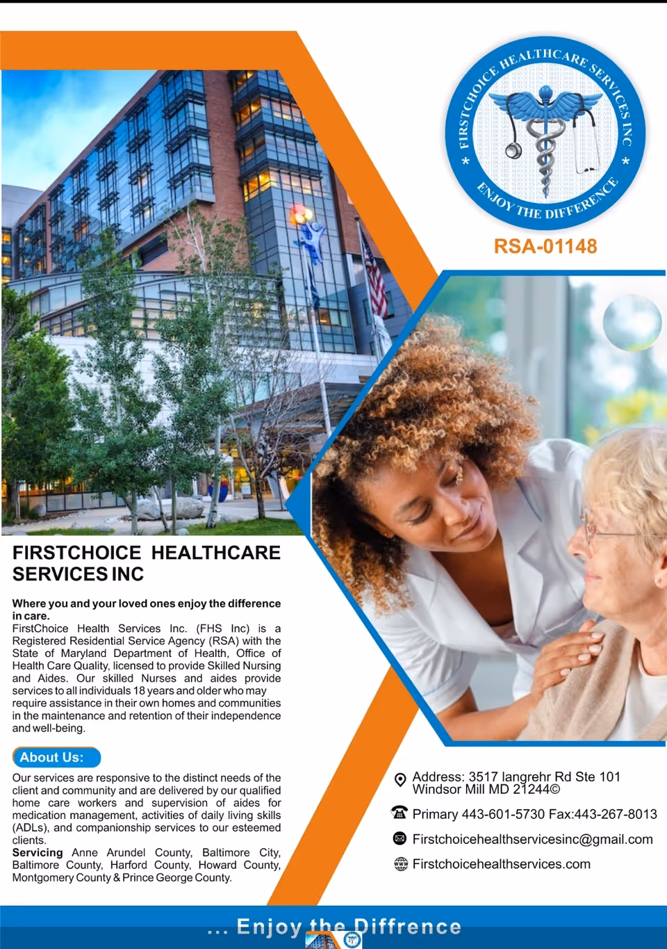 Exterior view of FirstChoice Health Services building with a nurse and elderly resident.