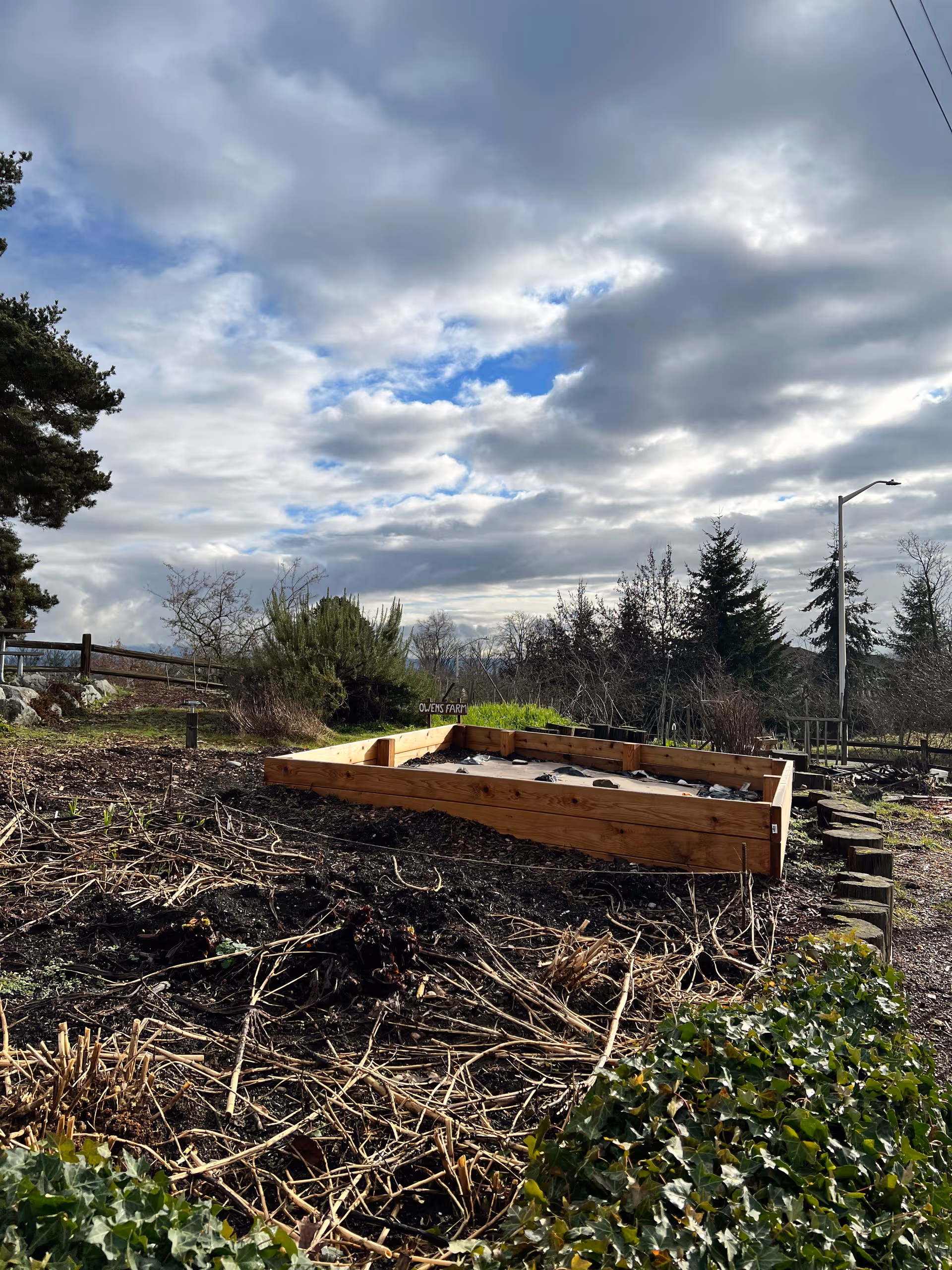 Cloudy sky over a raised wooden garden bed in an outdoor facility yard.
