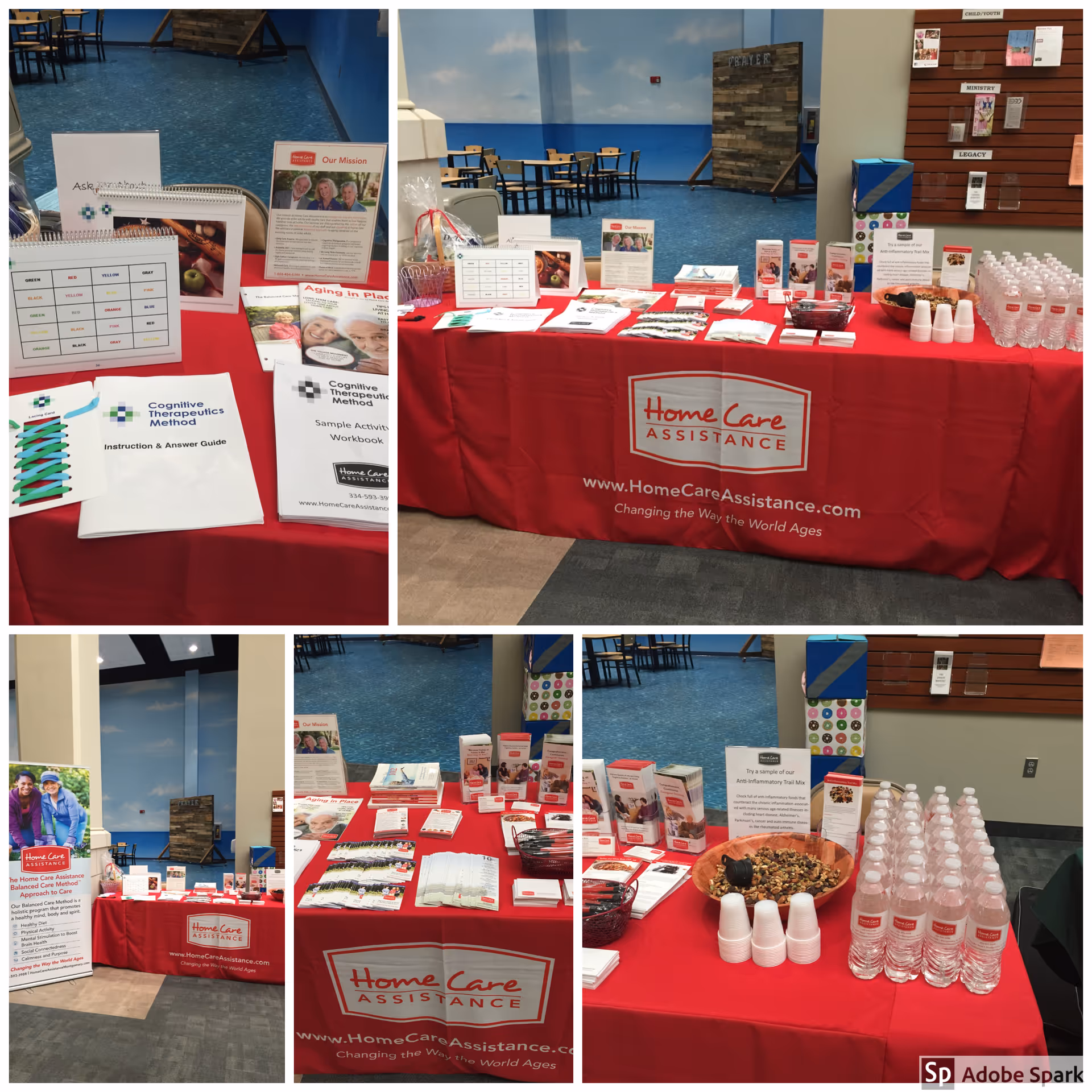 Promotional table with Home Care Assistance materials in a facility lobby near a pool.