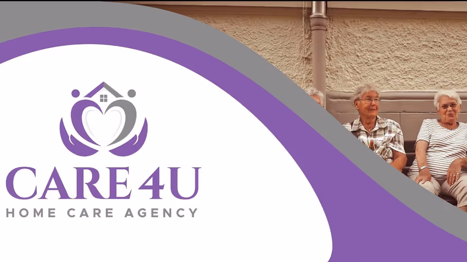 Outdoor seating area with two elderly residents beside the Care 4U Home Care Agency banner.