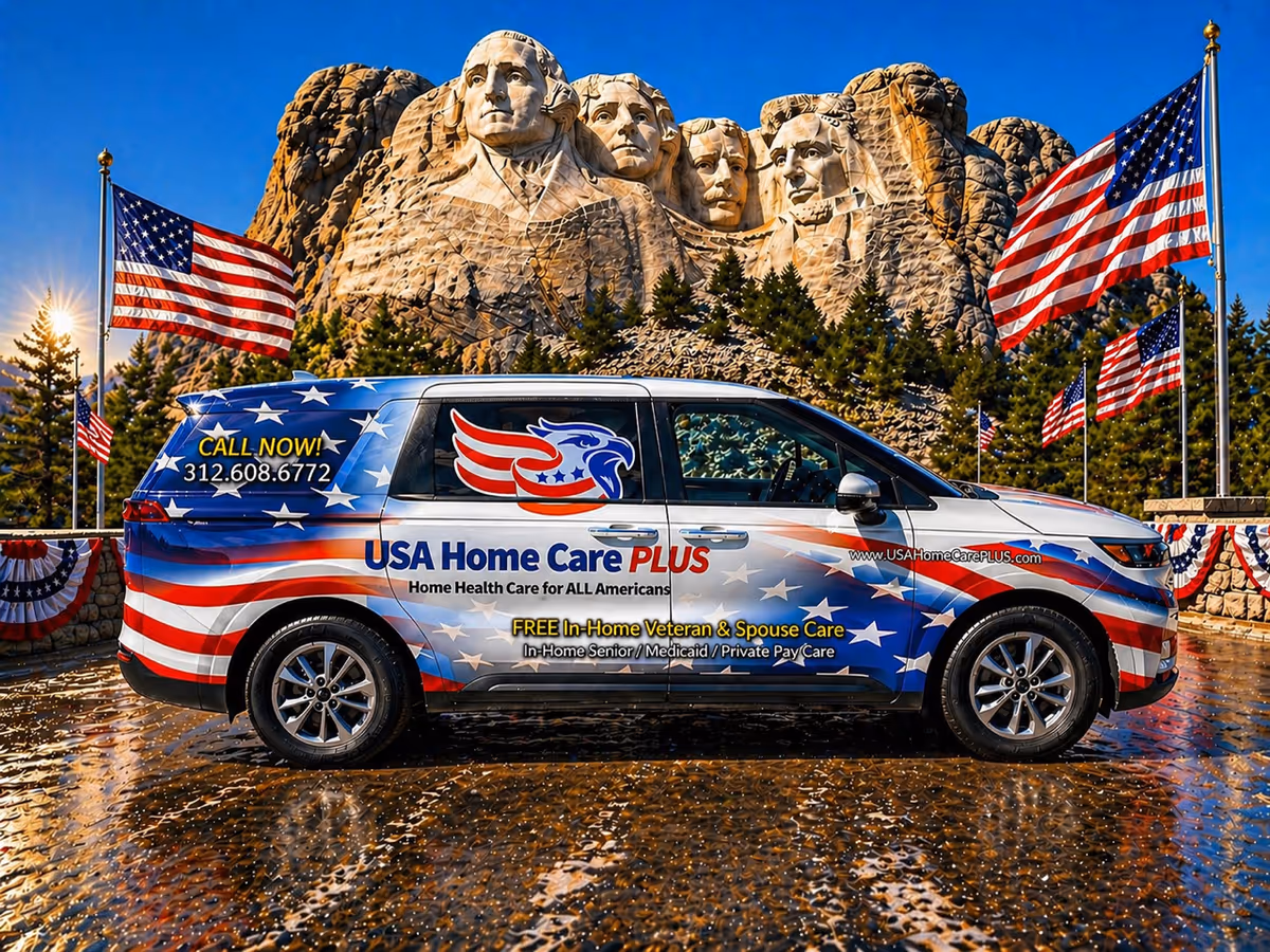 A patriotic van with USA Home Care PLUS branding parked outdoors, Mount Rushmore backdrop and flags.