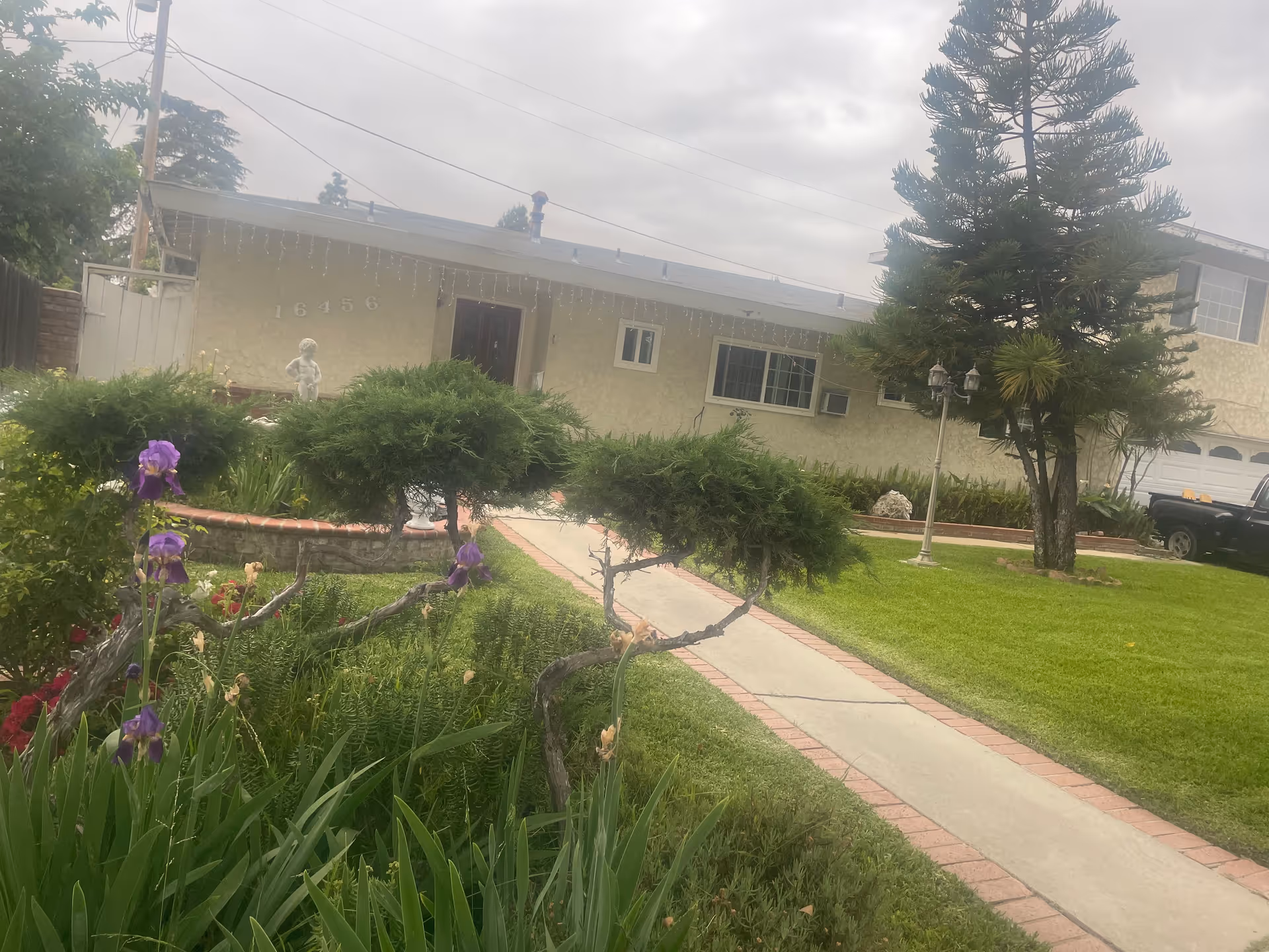 Exterior of a single-story senior living facility with a front garden and walkway.