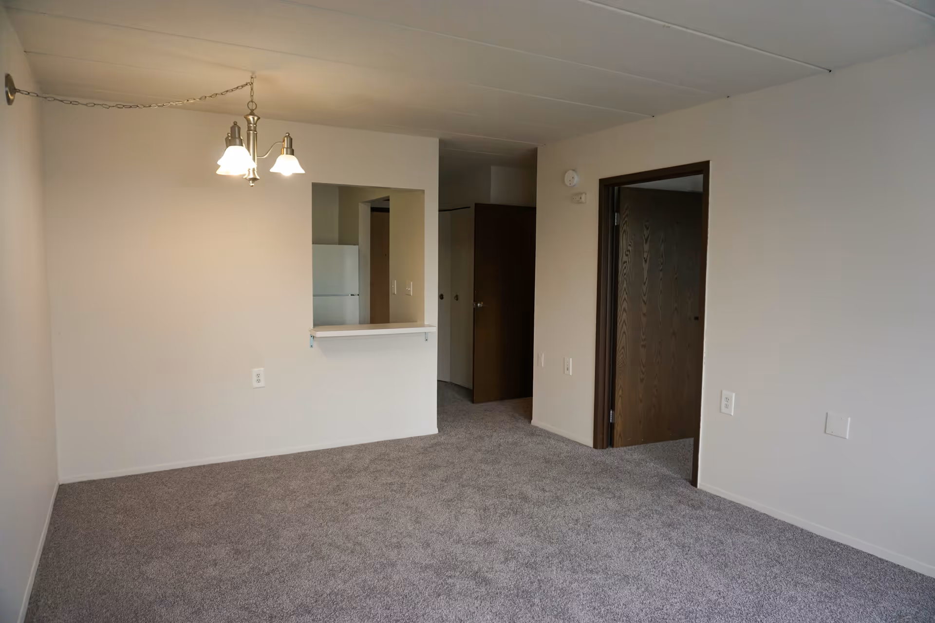 Empty living room with carpet, kitchen pass-through, and hallway doorway.