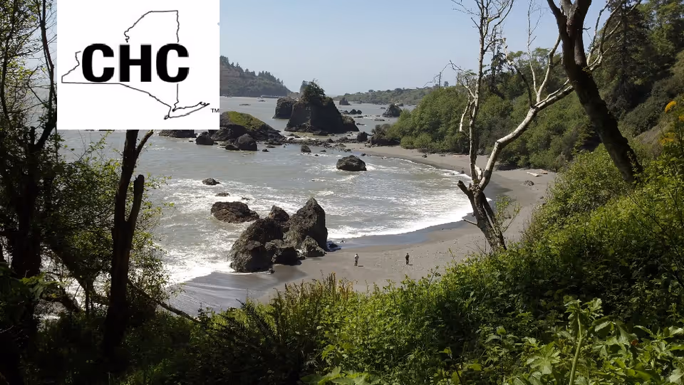 Coastal beach scene with rocks, waves, and lush foreground; CHC watermark.