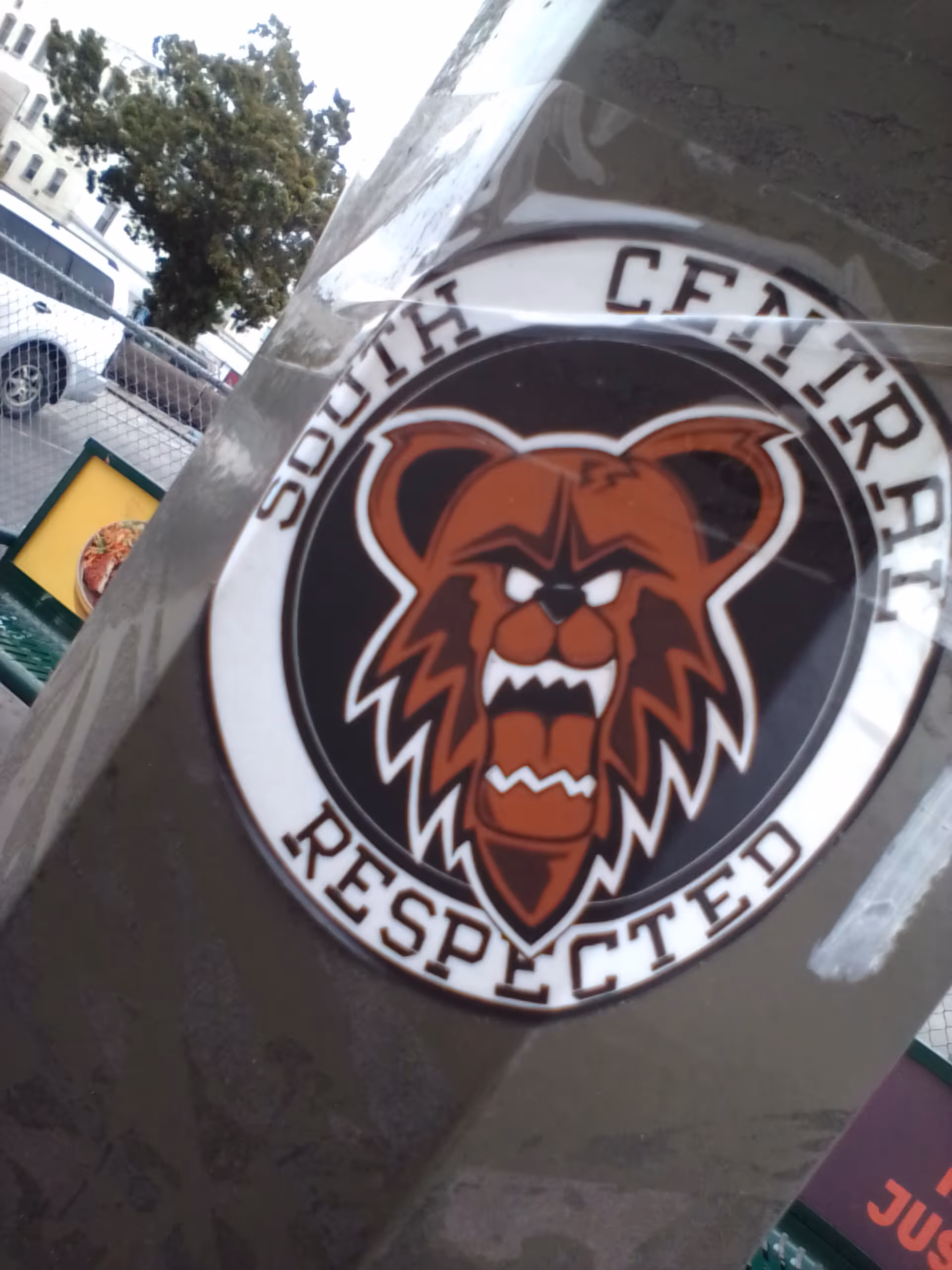 Close-up of a bear logo sticker on a metallic outdoor surface