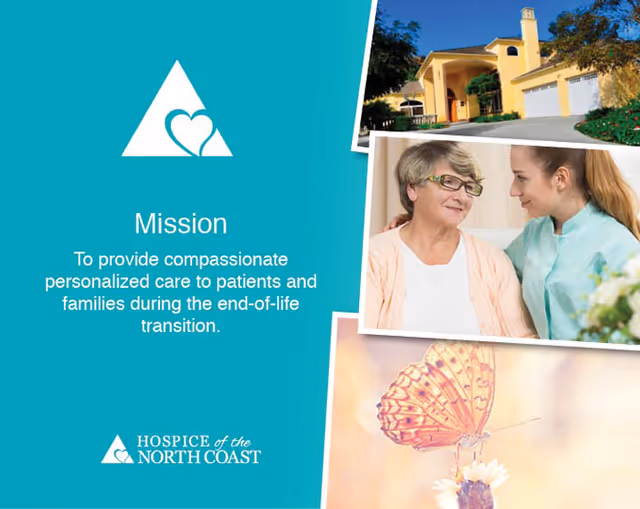 Teal brochure panel with mission text beside photos of exterior building and caregivers.