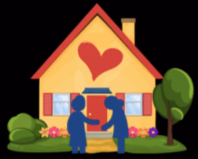 Cartoon-style house exterior with heart symbol and two silhouettes shaking hands at the doorway.