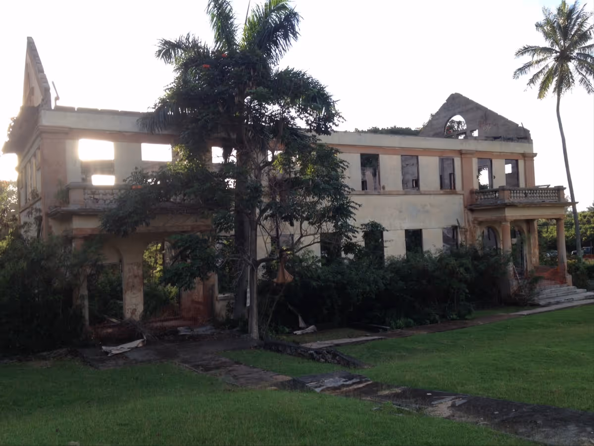 Abandoned two-story building with broken windows and overgrown vegetation in a sunny yard.