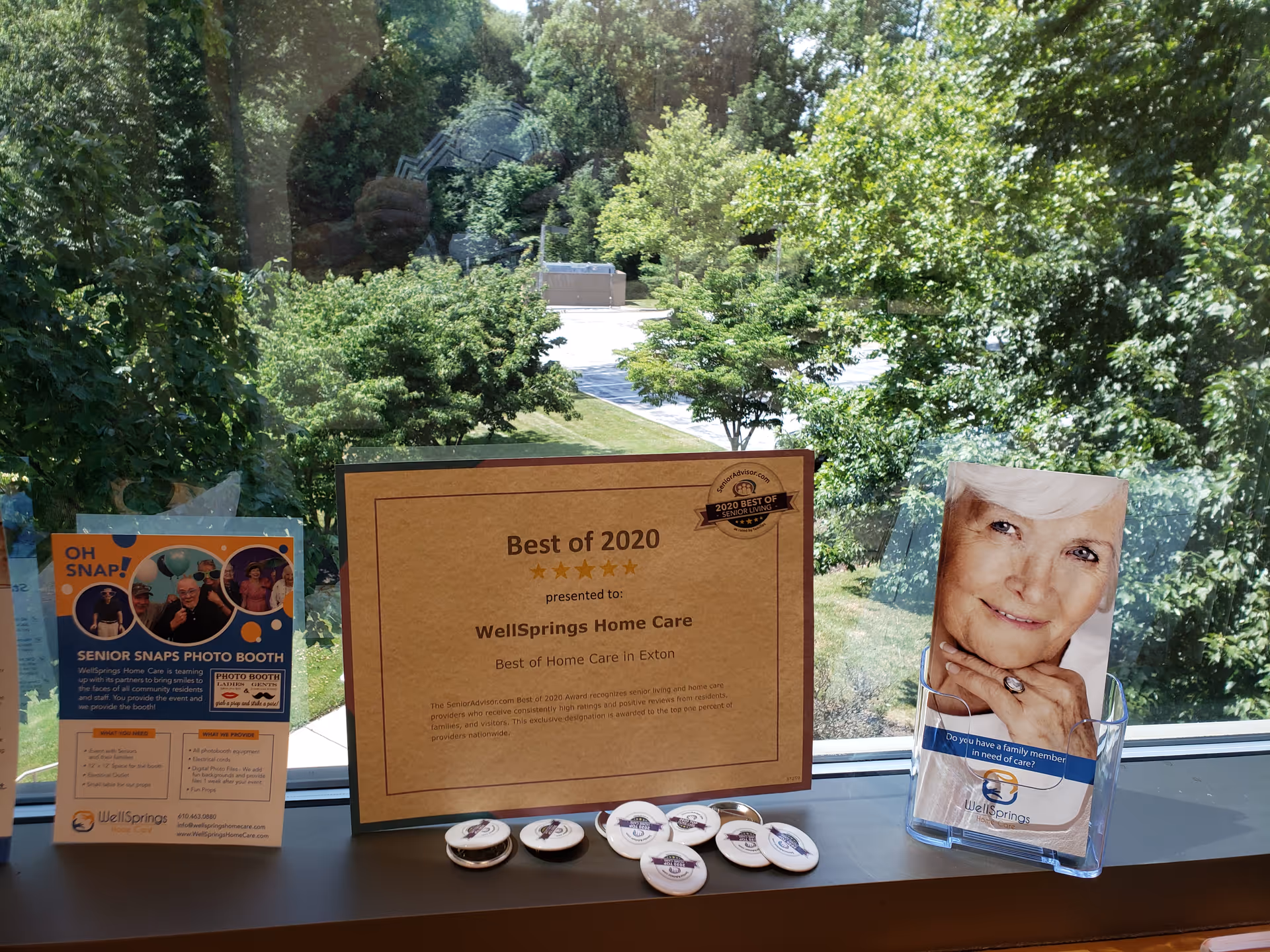 Indoor windowsill display of awards and brochures with outdoor greenery visible.