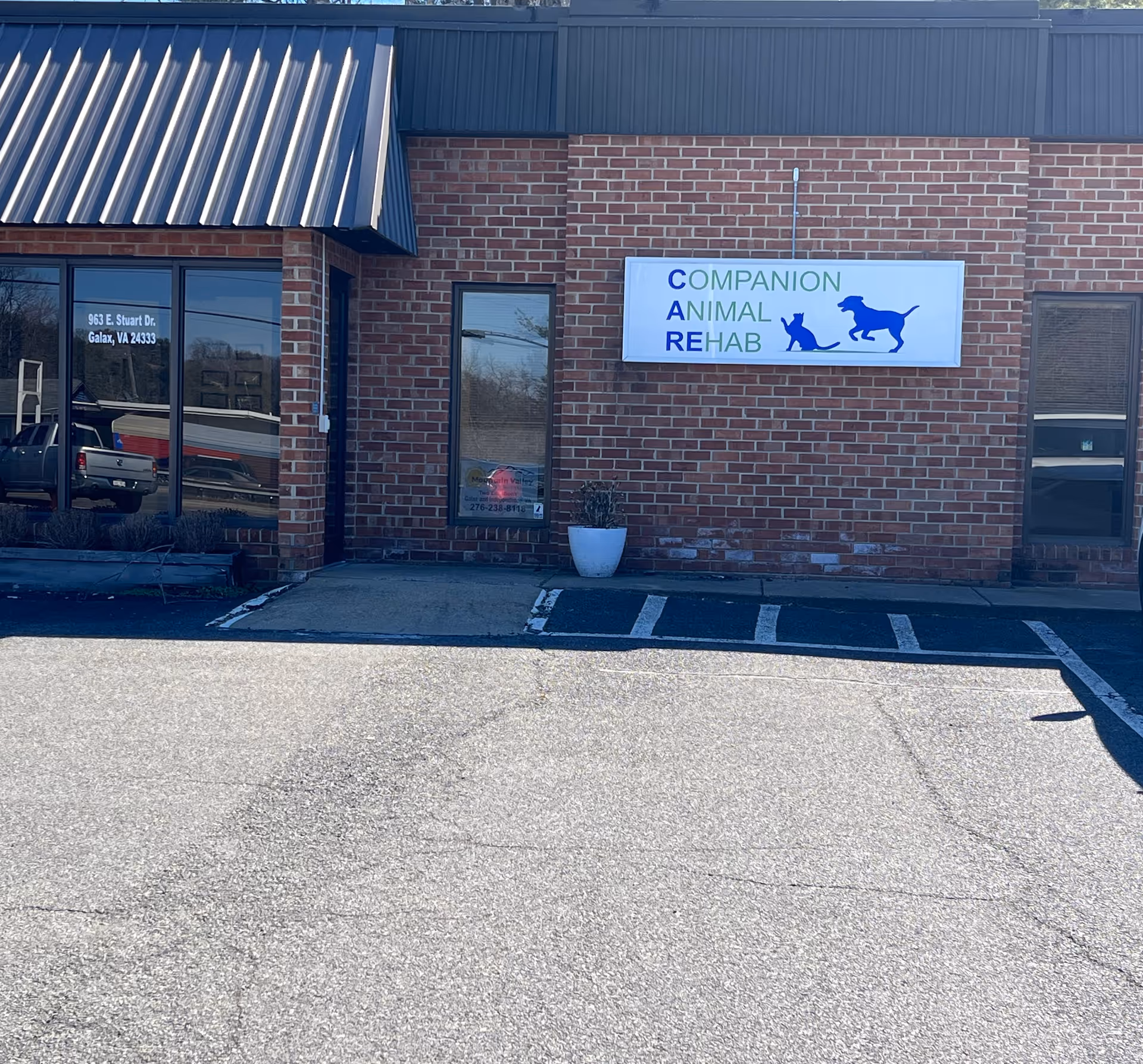 Brick storefront with Companion Animal Rehab sign and two blue dog silhouettes, parking lot in foreground.