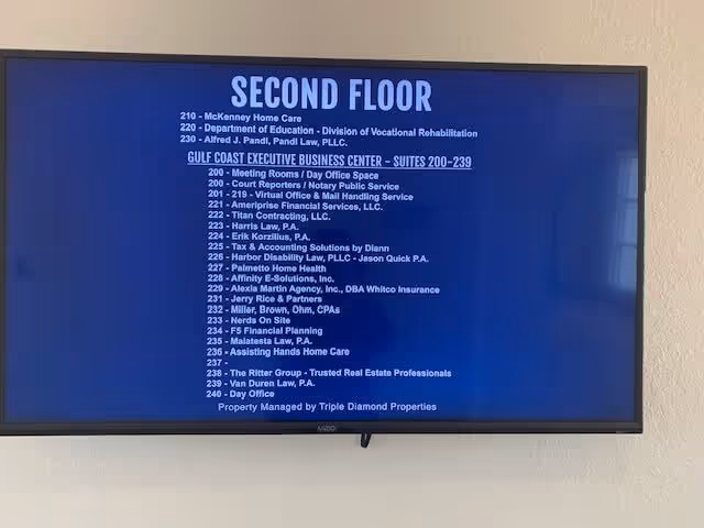 Blue wall-mounted directory screen listing offices on the second floor.