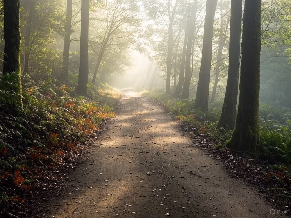 Sunlight filters through trees onto a forest path lined with ferns.