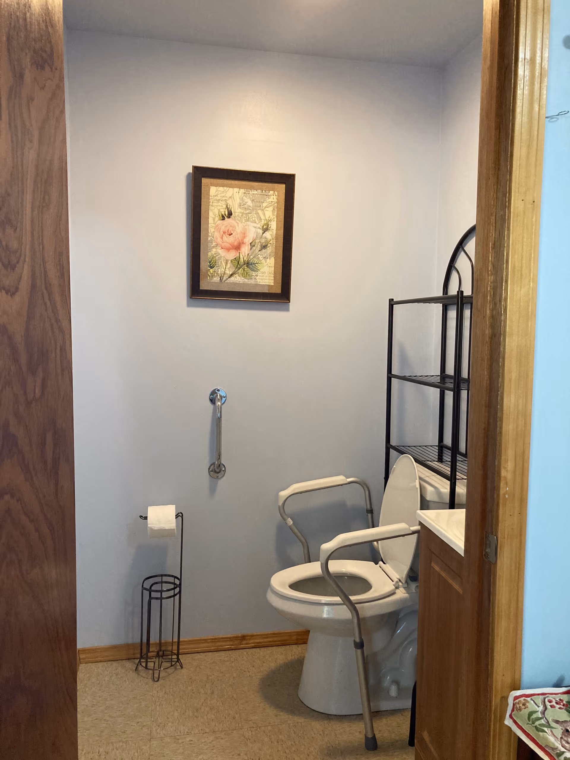 Small bathroom with a toilet fitted with a support frame and grab bar, shelving unit, toilet paper holder, and framed floral artwork on the wall.