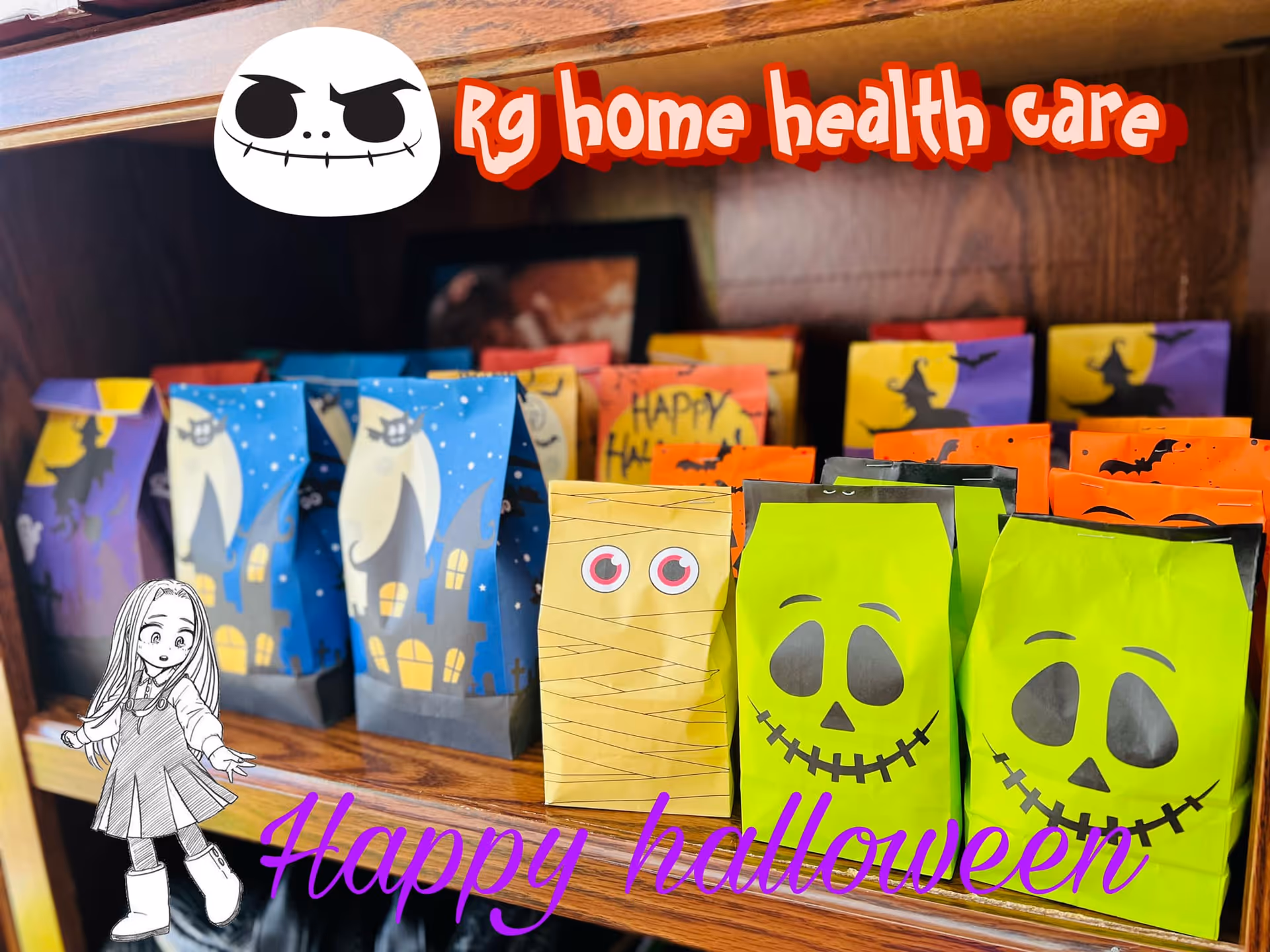 Colorful Halloween-themed gift bags arranged on a shelf inside a senior living facility.