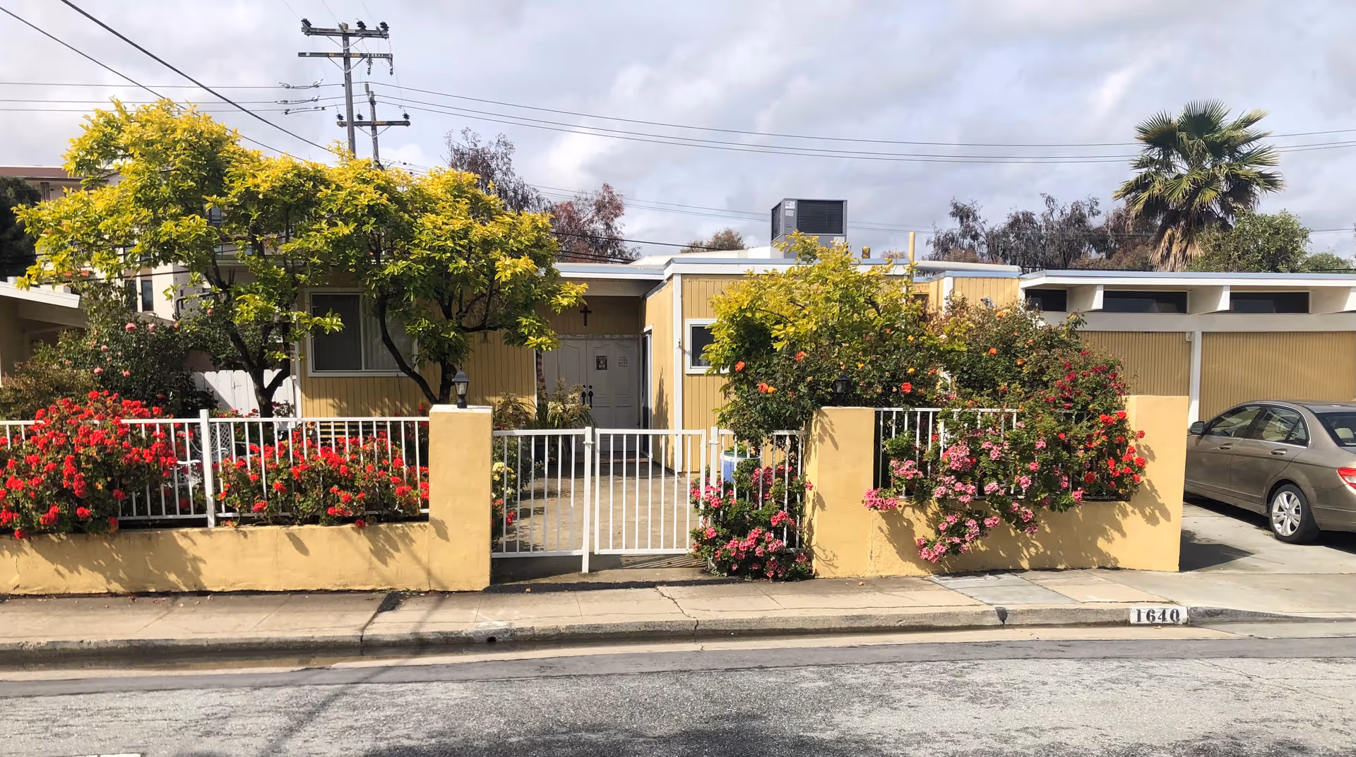 Front view of Vanessa Care Home II with yellow walls, gate, and flowering bushes.
