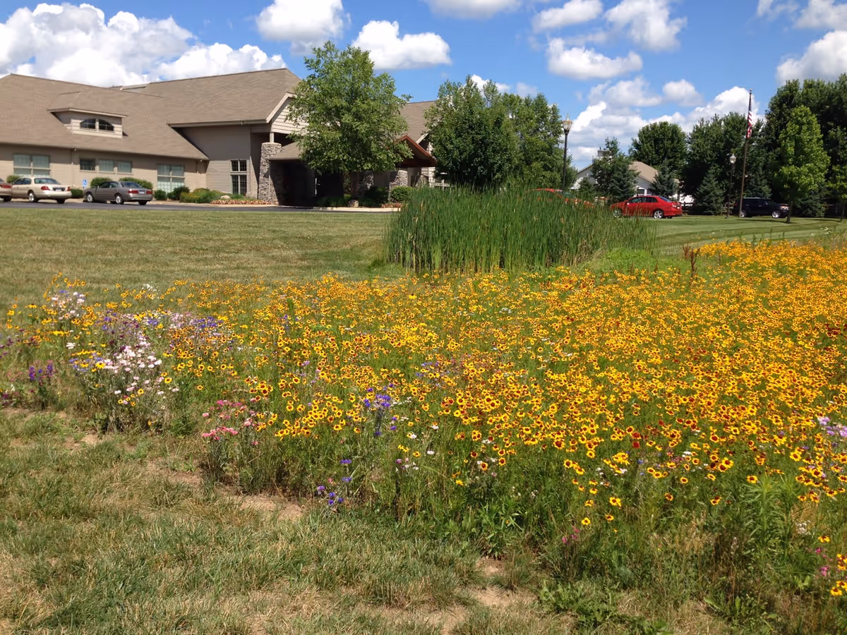 Exterior view of a senior living facility with a colorful flower garden in front.