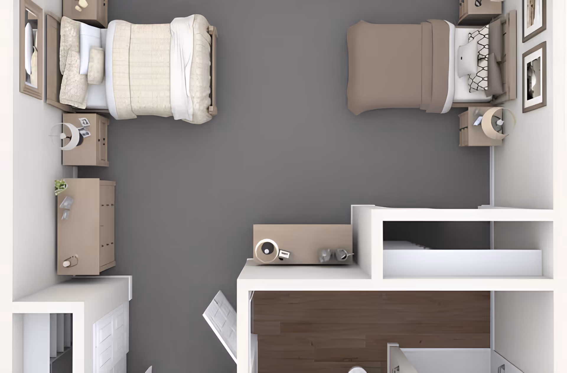 Top-down view of a bedroom with two beds placed against opposite walls. Each bed has a nightstand with a lamp and decorative items. There is a dresser with a plant and other small objects, and a door leading to another room with wooden flooring.