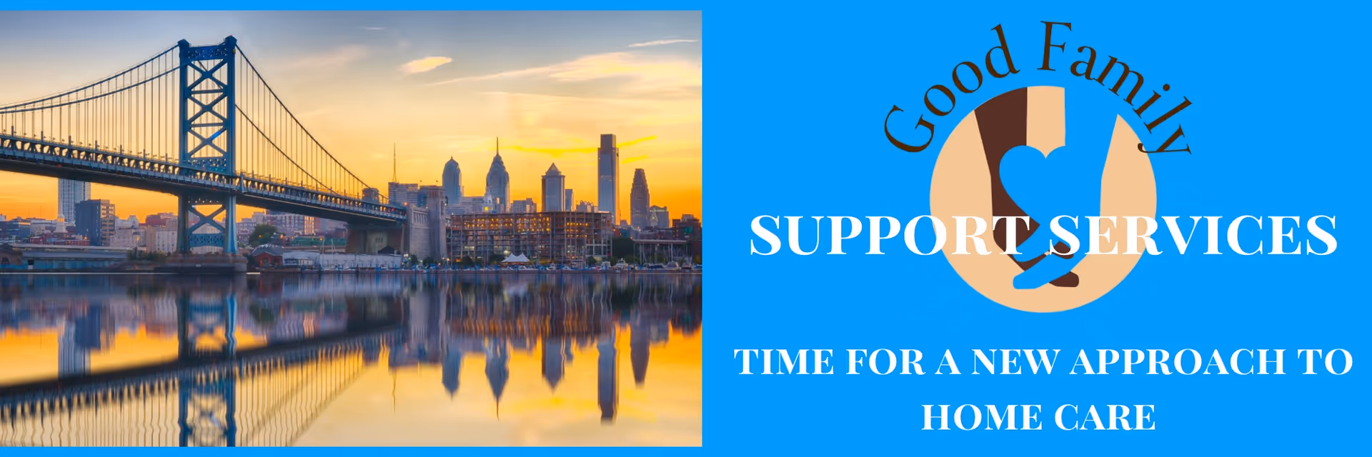 Bridge and city skyline at sunset beside a blue Good Family Support Services banner.
