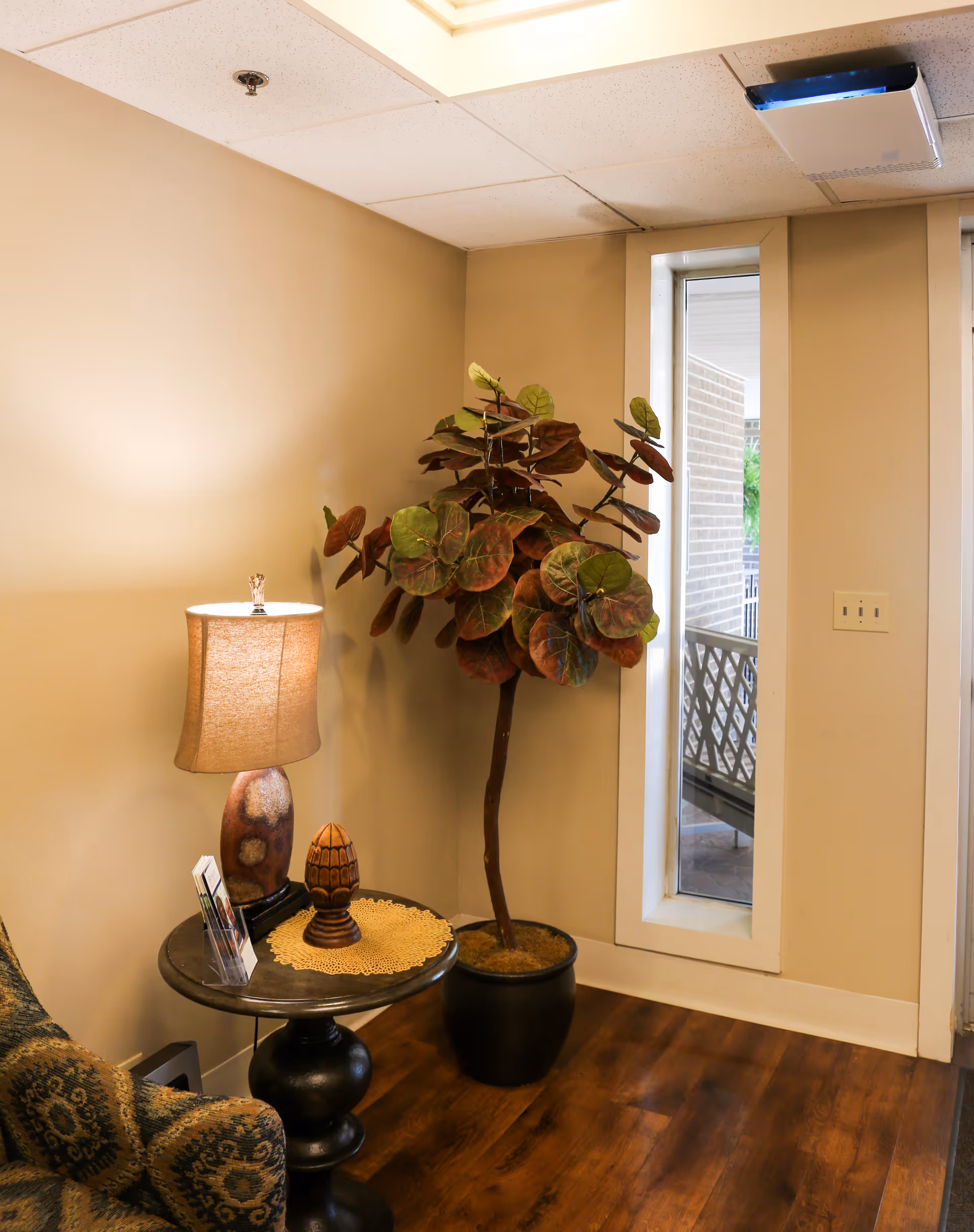 A cozy corner with a potted tree, round side table holding a lamp and decorations, and a narrow window beside it.