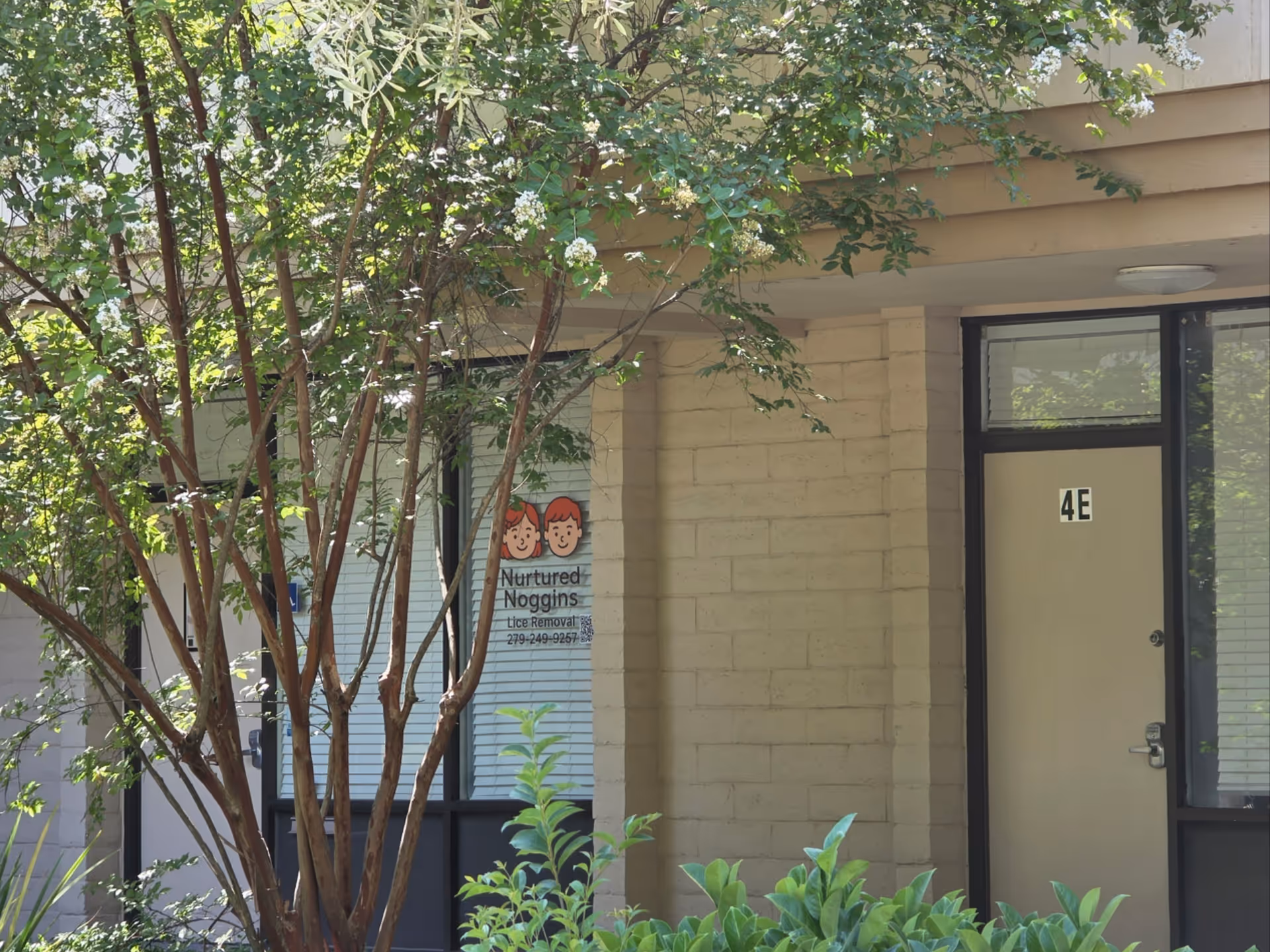 Exterior view of a beige building entrance with Nurtured Noggins sign and plants.