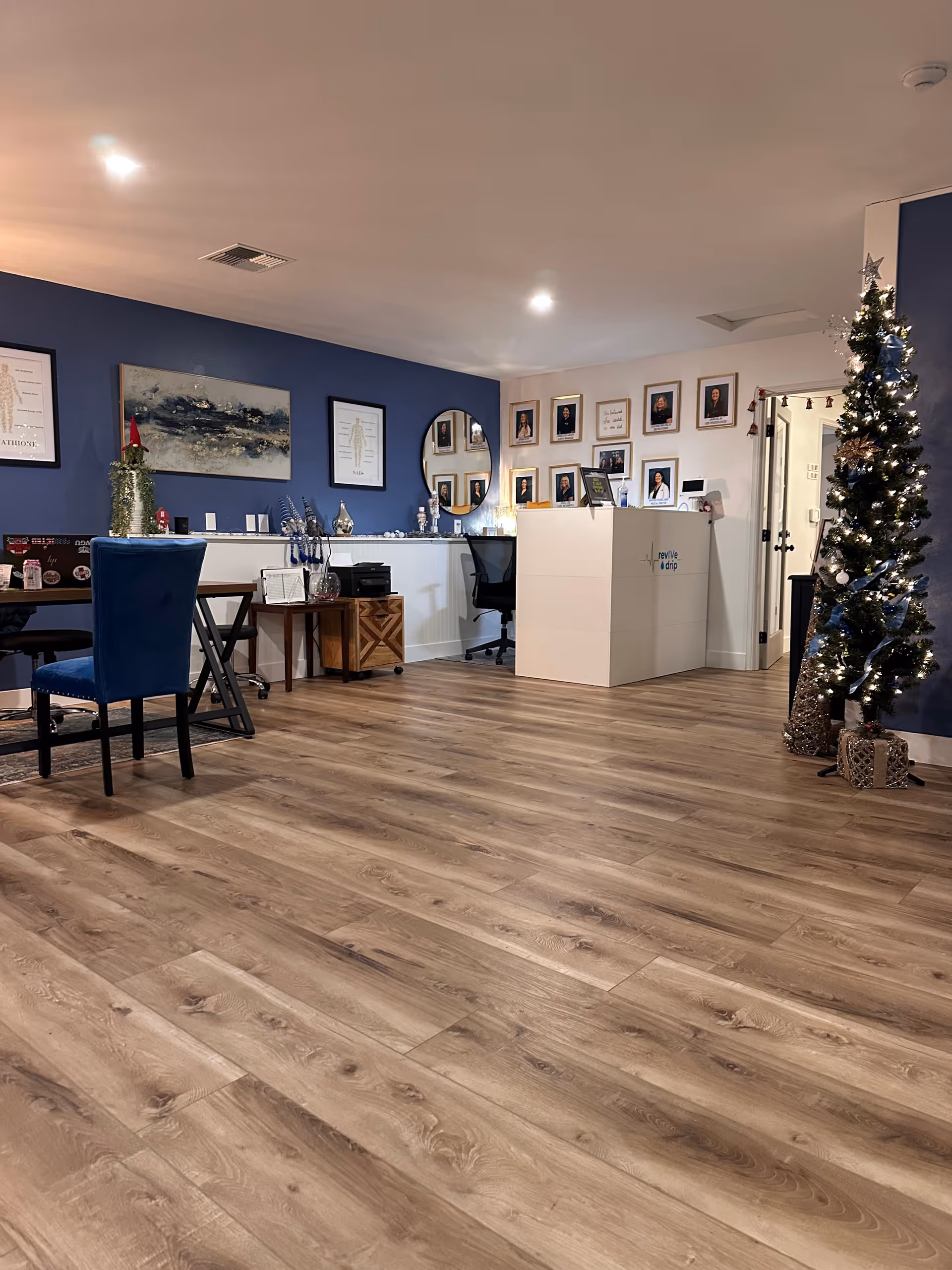 Reception area with a white counter, blue wall, framed photos, and a decorated Christmas tree.