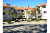 Exterior view of Palacio Senior Apartments with a driveway, palm trees, and a cream-colored building.