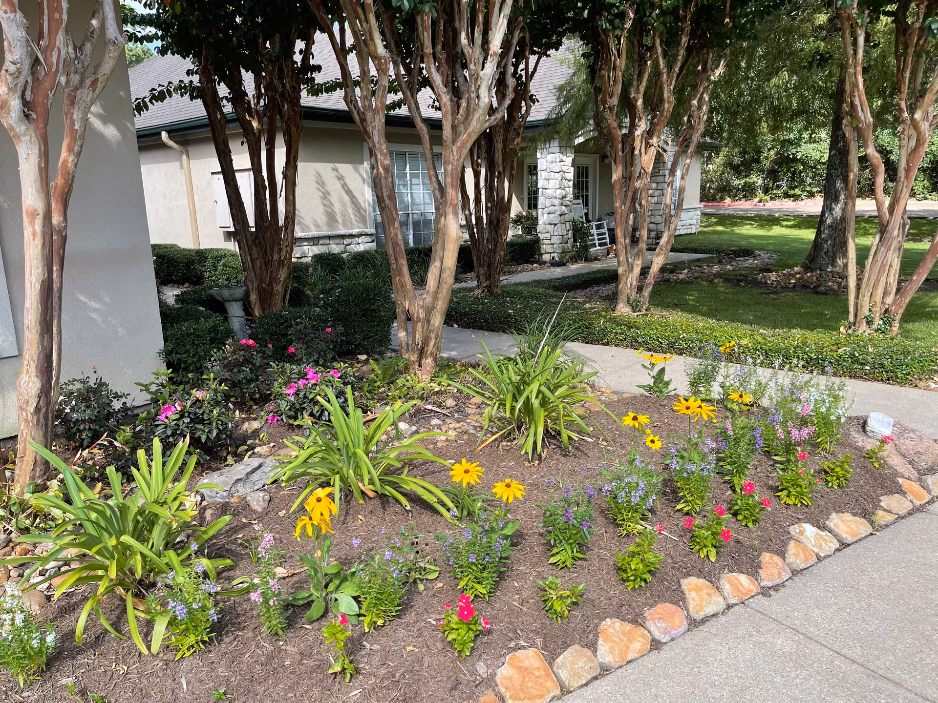 Front yard garden with trees, colorful flowers, and a walkway along the building.