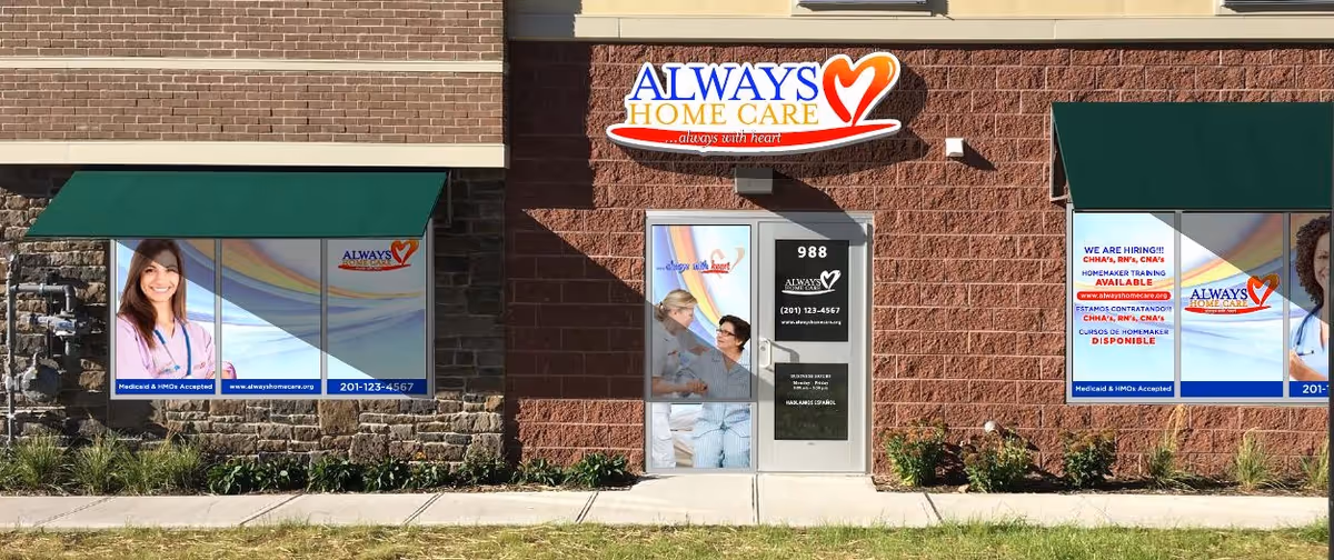 Exterior view of Always Home Care facility with brick walls, signage, windows, and entrance.