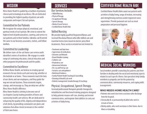 A trifold Bless Home Health brochure showing mission, services, and a caregiver with an elderly client.