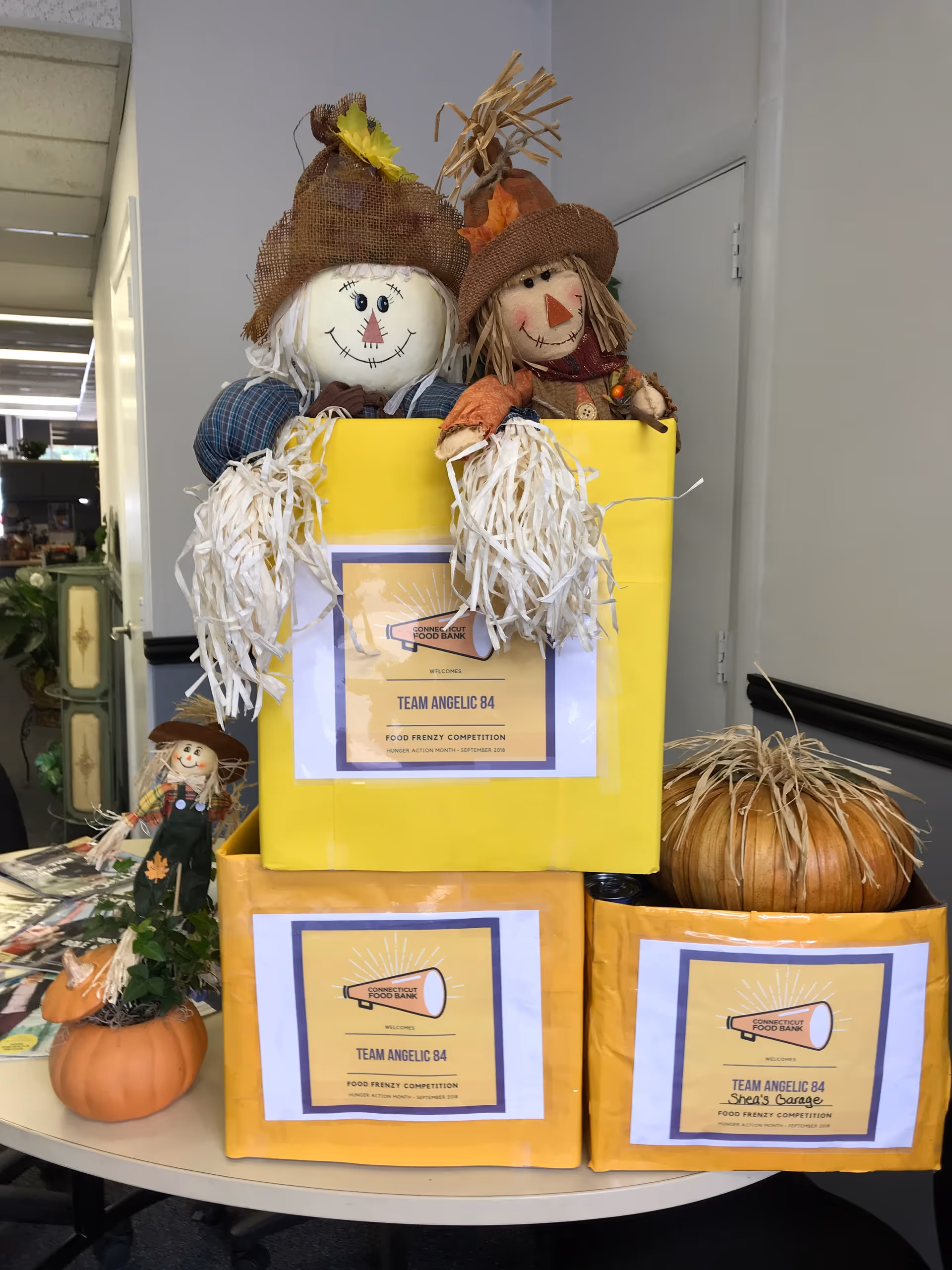 Decorative scarecrows perched on yellow boxes in a hallway of Angelic Home Care Services, Inc.