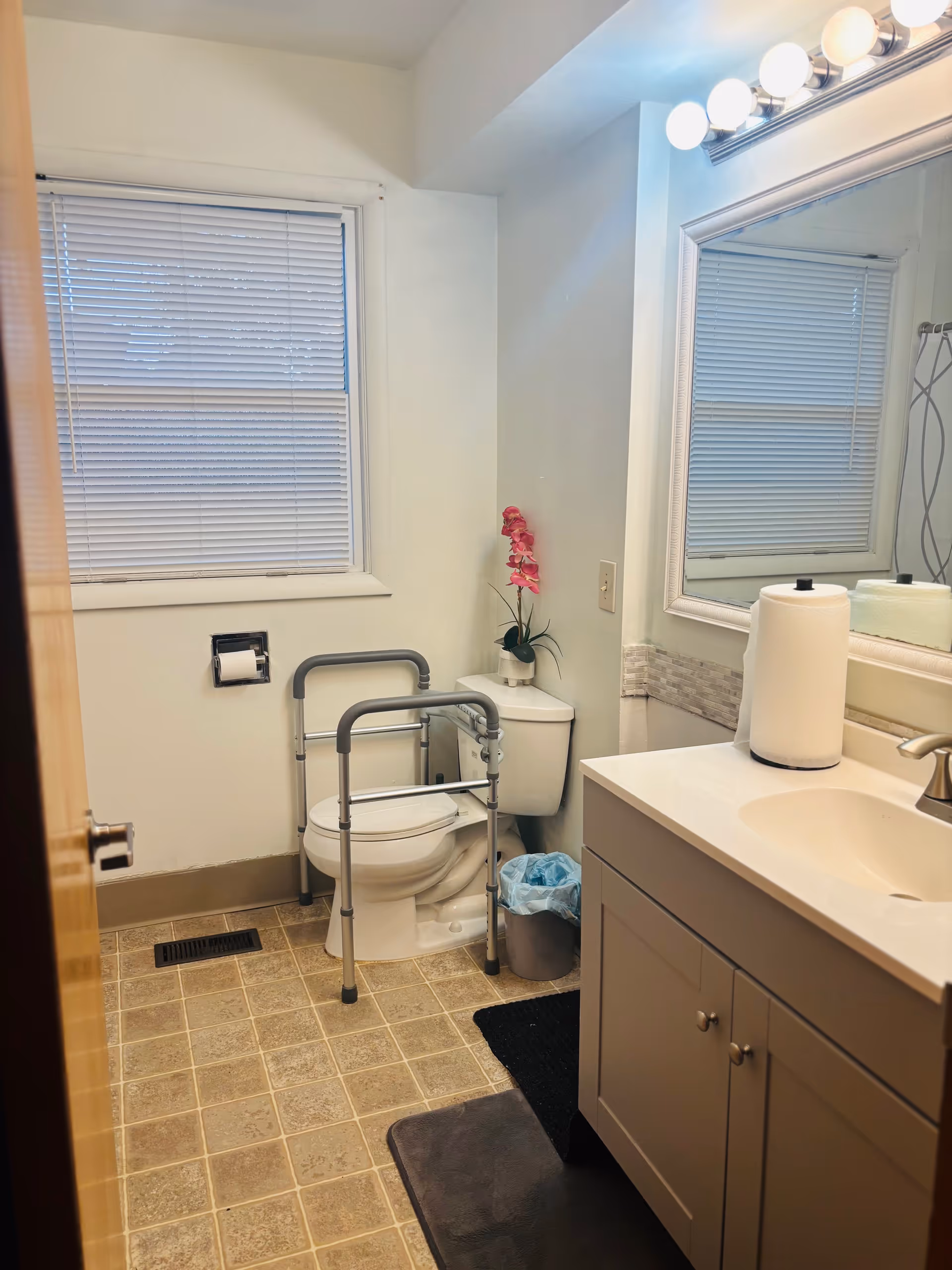 Bathroom showing toilet with mobility frame, sink, mirror, and window blinds.