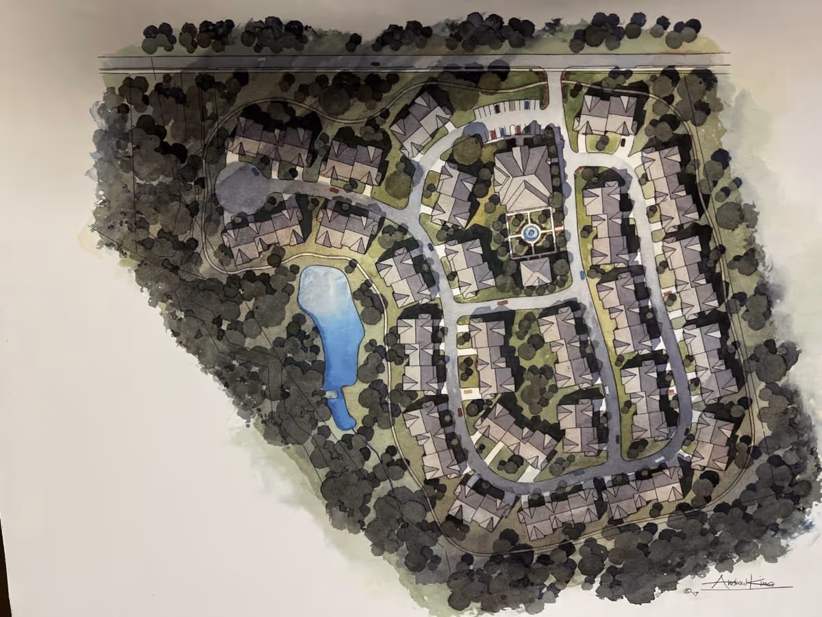 Aerial watercolor site plan of a senior living community showing clustered residential buildings, roads, trees, a pond, and a central courtyard with a fountain.
