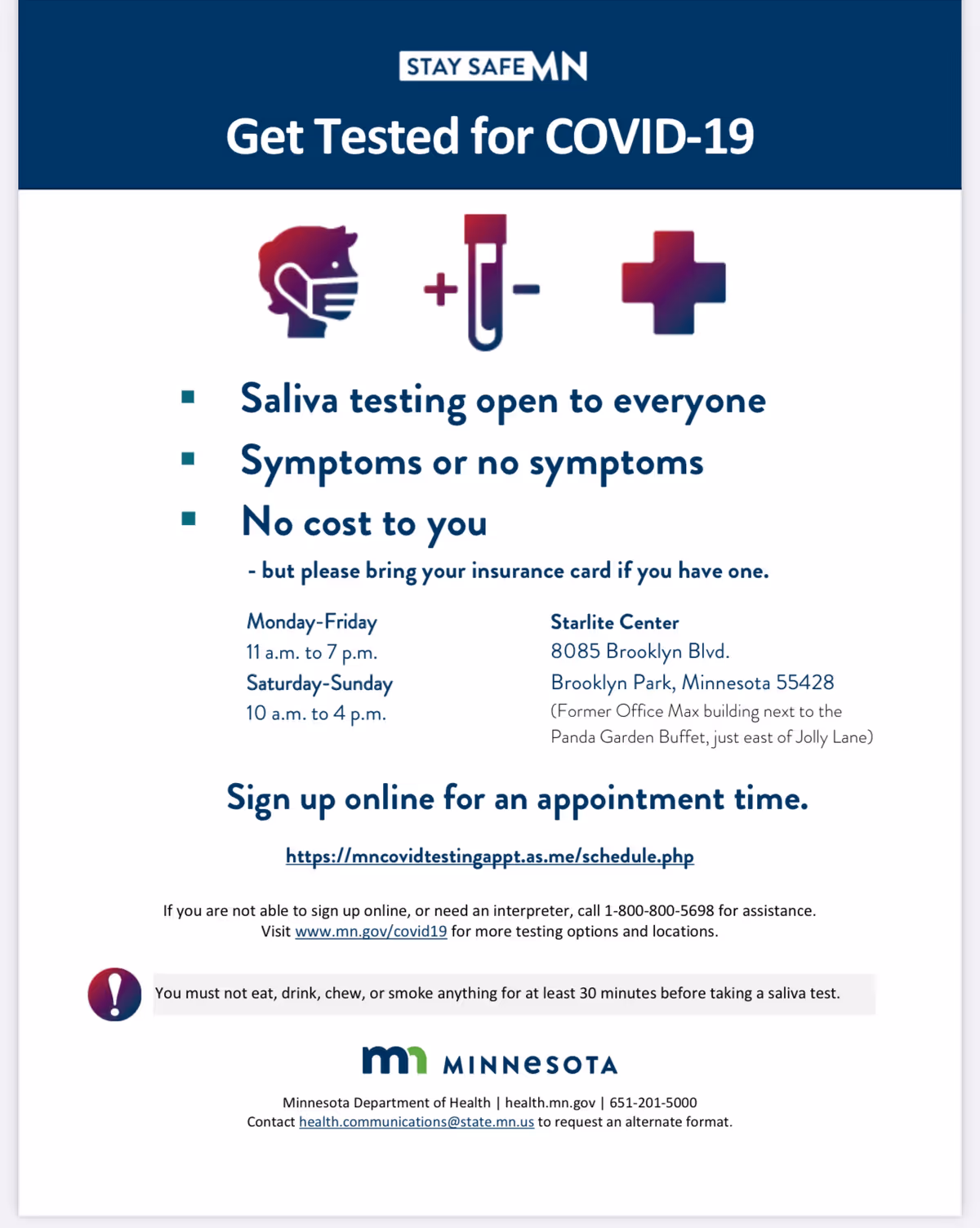 Interior wall poster announces COVID-19 testing with icons and contact details
