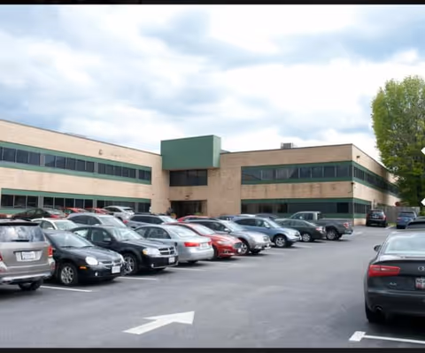 Two-story brick facility with a spacious parking lot full of cars in front