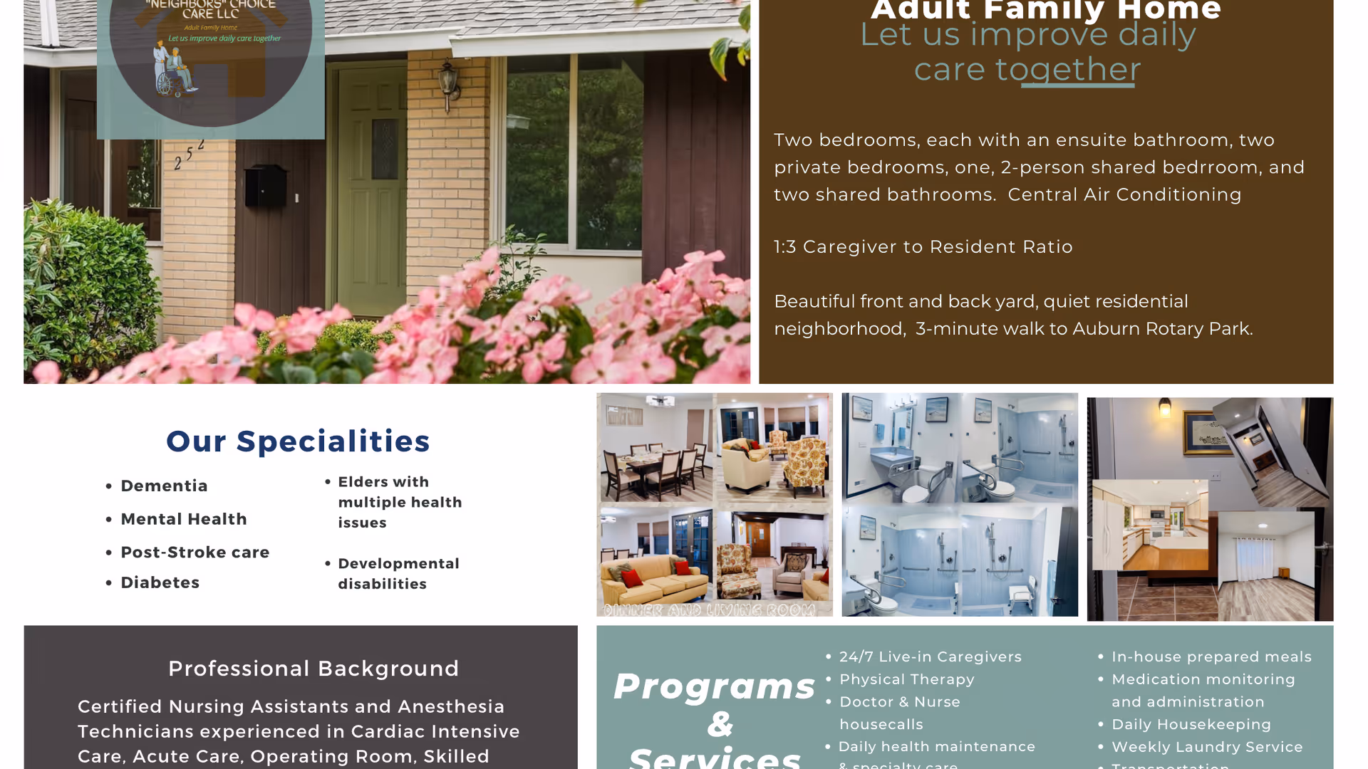 Exterior view of a senior care home with a small garden and front door.