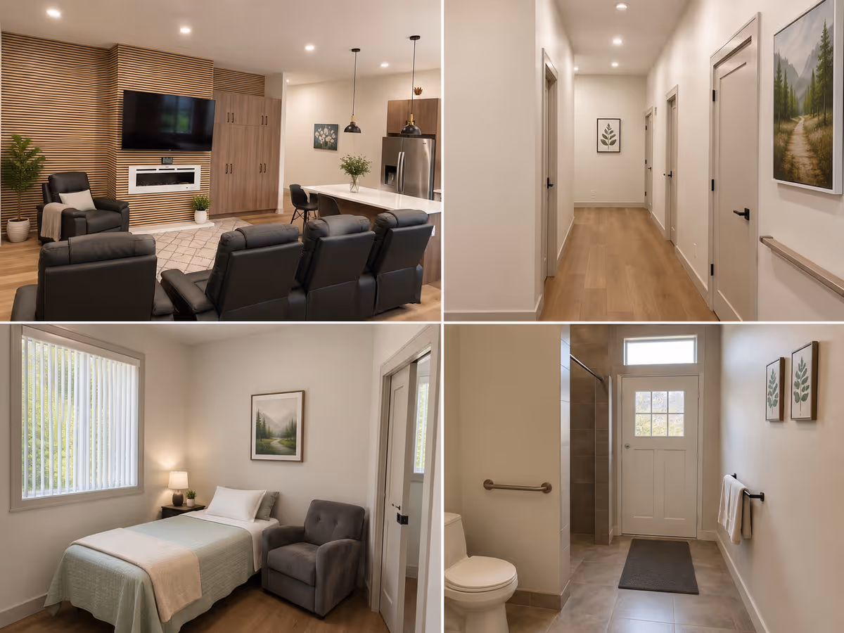 Collage of a modern senior living interior showing living area, hallway, bedroom, and bathroom.